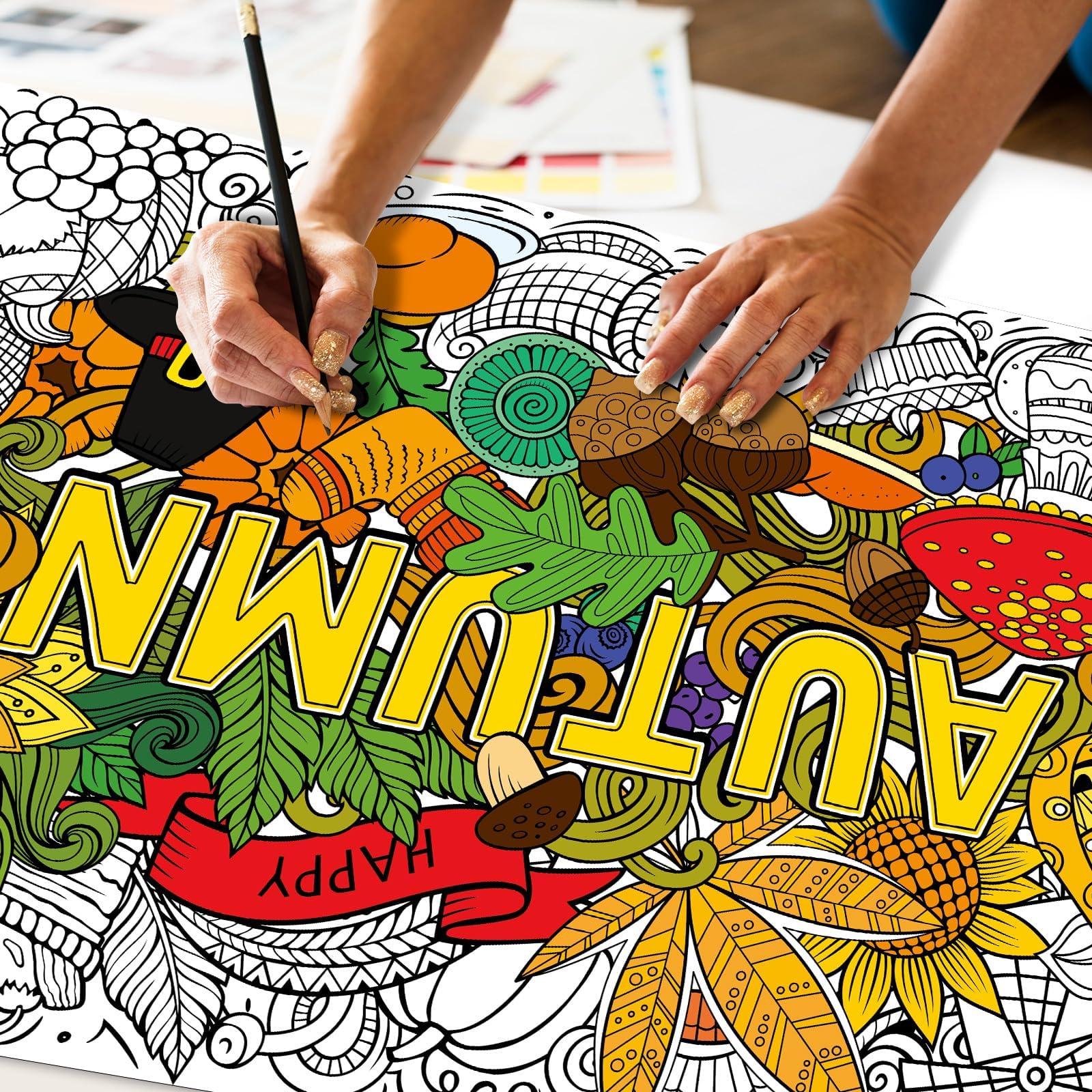 ZOIIWA Fall Coloring Poster Mandala Autumn Giant Coloring Tablecloth Fall Jumbo Pumpkin Sunflower Leaves Coloring Pages for Kids