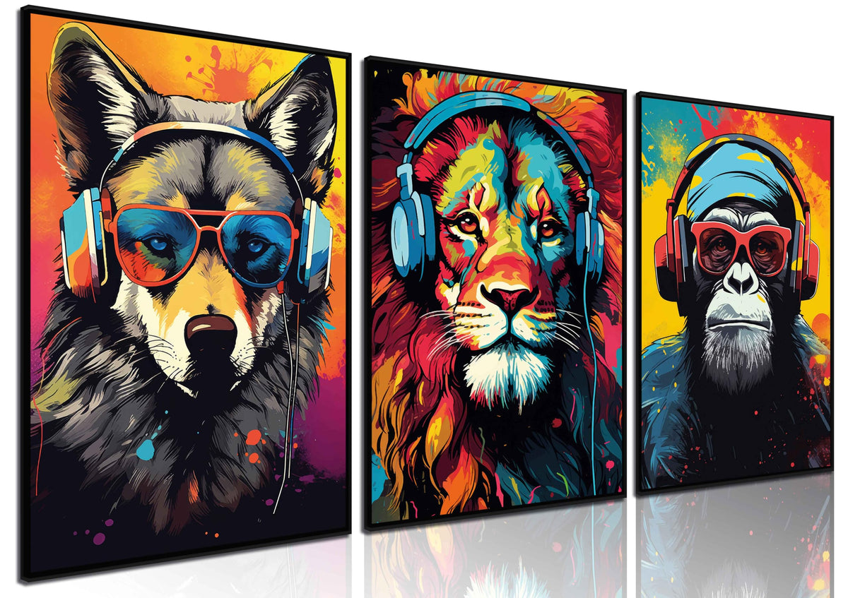 3Pcs Gaming Wall Art Animal Graffiti Posters Pictures With Headphones Sunglasses Gorilla Tiger Wolf Cool Gamer Canvas Prints Col
