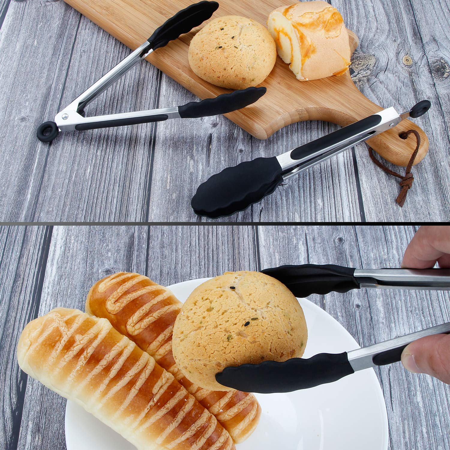 Msy Bigsunny Kitchen Food Tongs - 7'' Mini Silicone Serving Tongs For Appetizers - Set Of 3 (Black White Gray)