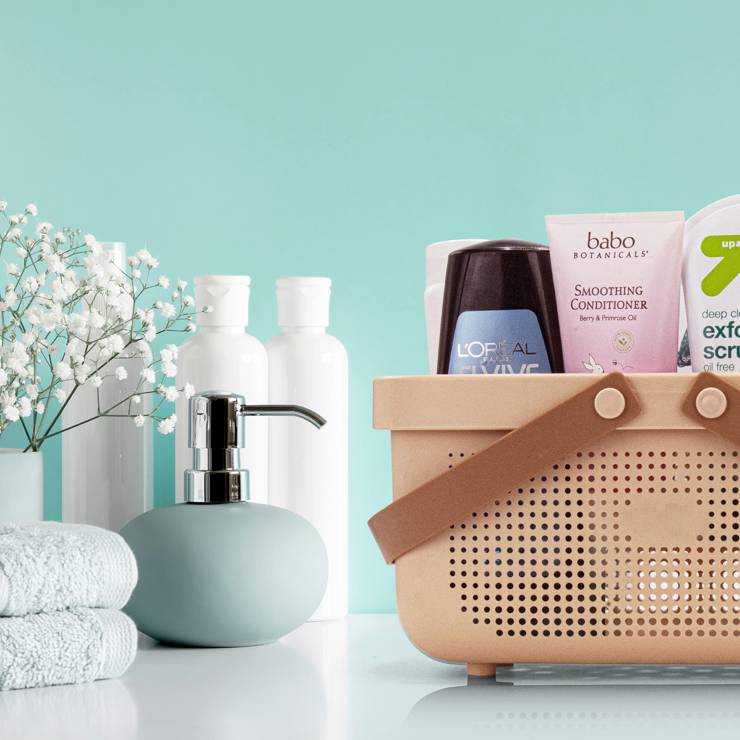 Brookstone Bkh1634, Large Portable Shower Caddy With Soft Silicone Carrying Handle, Bathroom Organizer Basket, Plastic Bath Tote