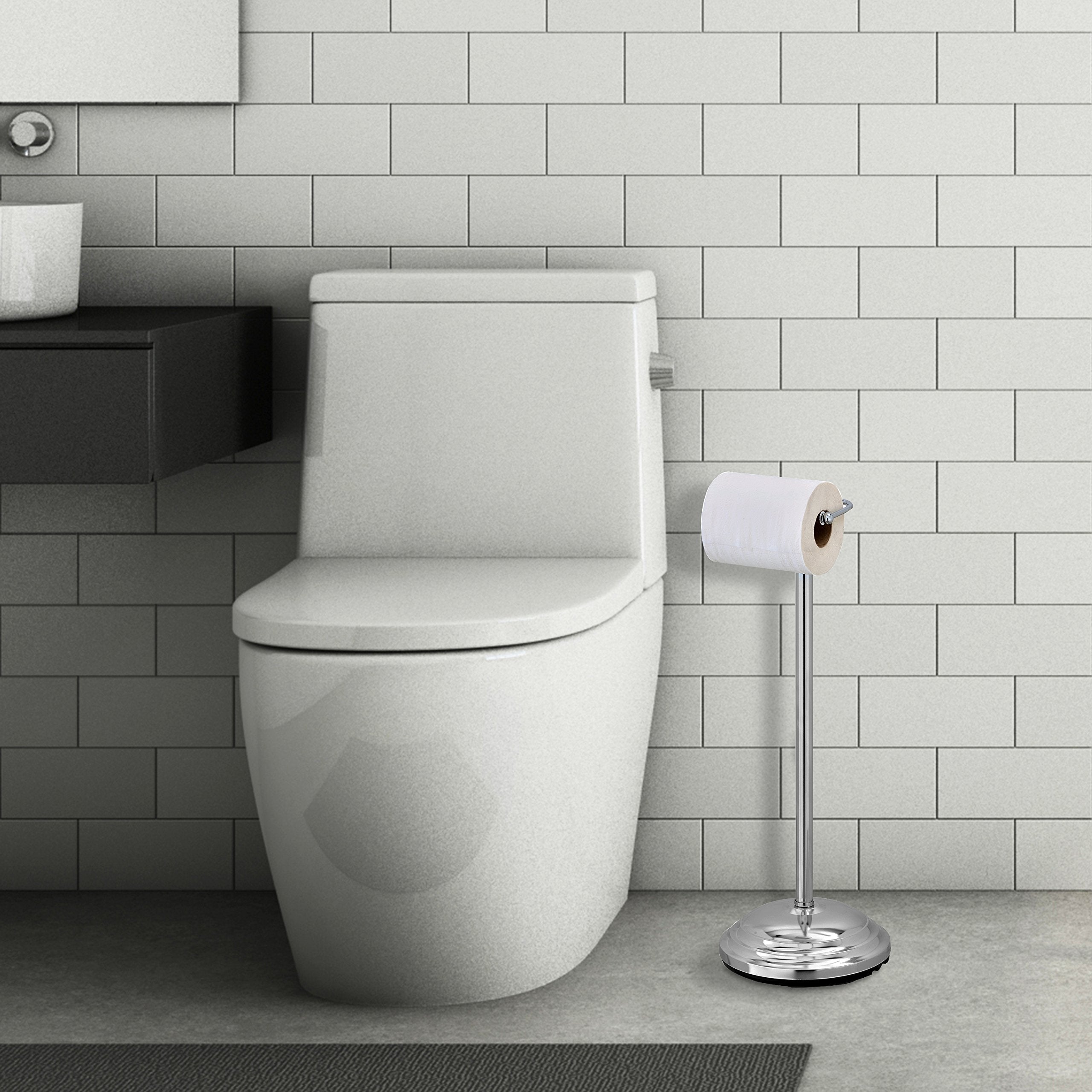 Mygift Silver Chrome-Plated Metal Heavy Weighted Free Standing Toilet Paper Holder, Classic Bathroom Single Roll Dispenser Stand