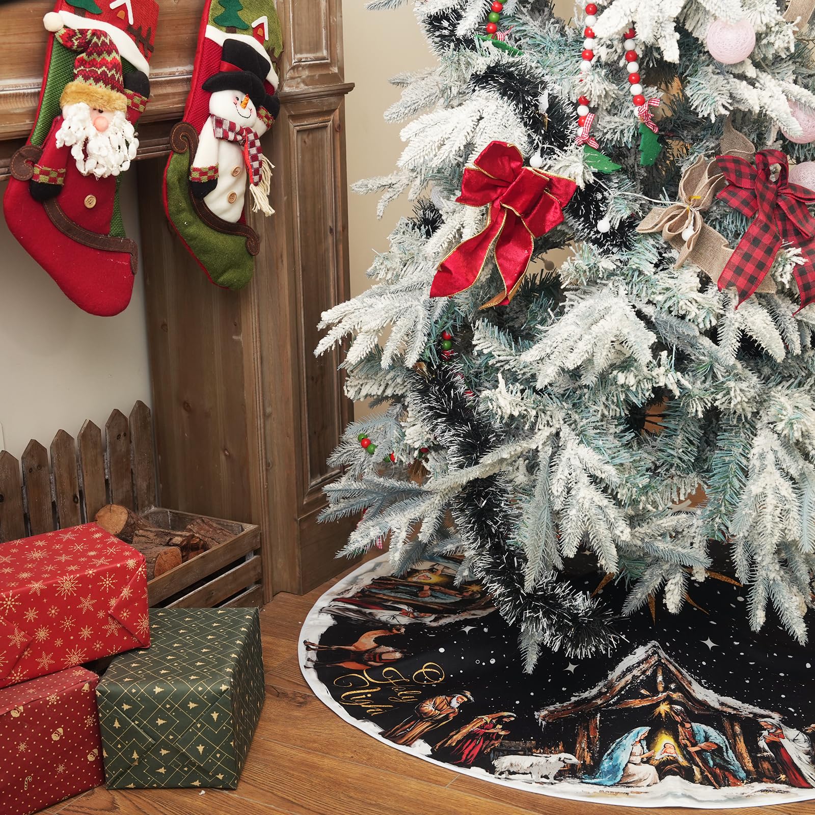 CROWNED BEAUTY Christmas Tree Skirt Collar 48 Inch Religious Holy Night Soft Farmhouse Black Holiday Decoration TS39