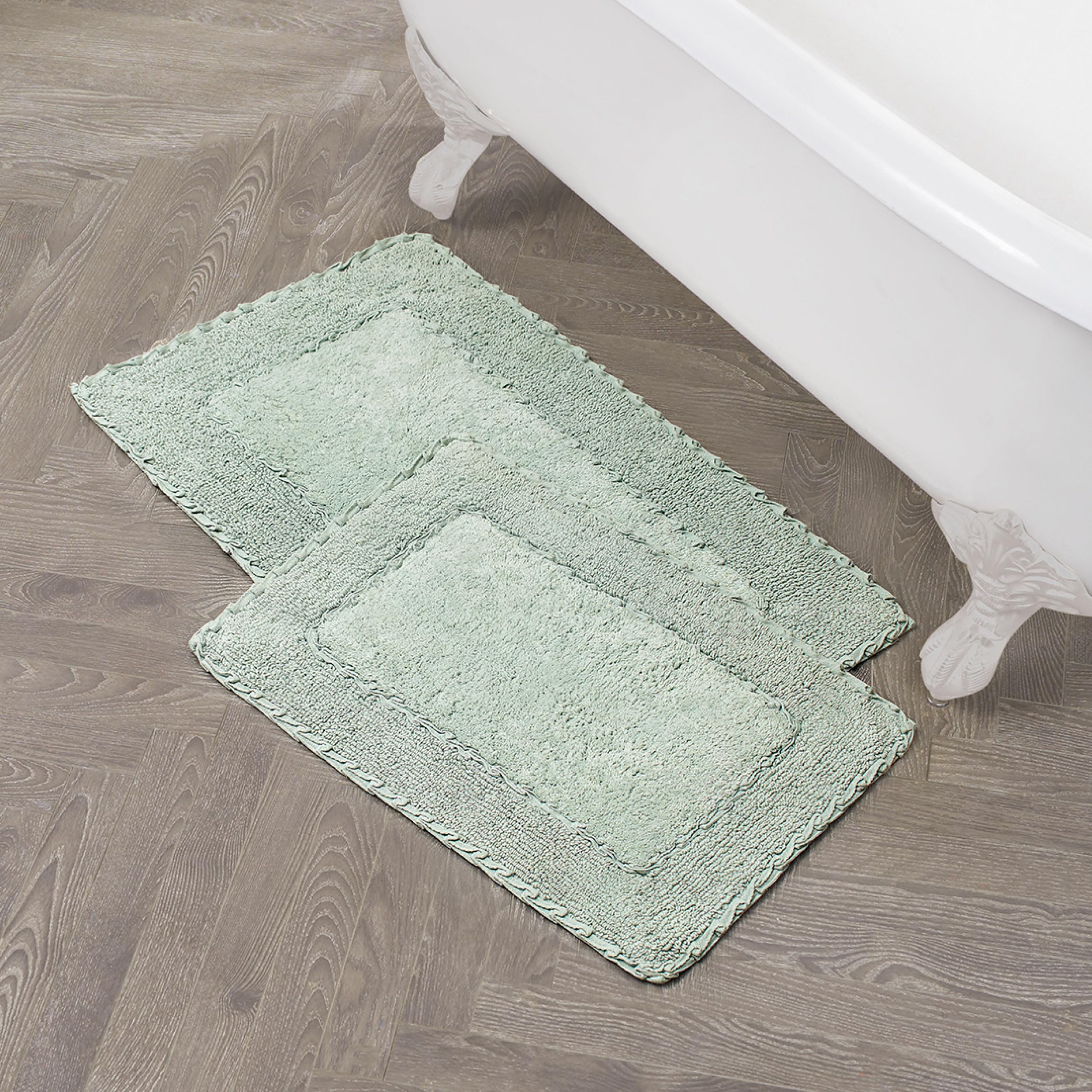 Laura Ashley Ruffle Border 100% Cotton Bath Rug Set, Sage Green, 17'' X 24''/ 20'' X 32''