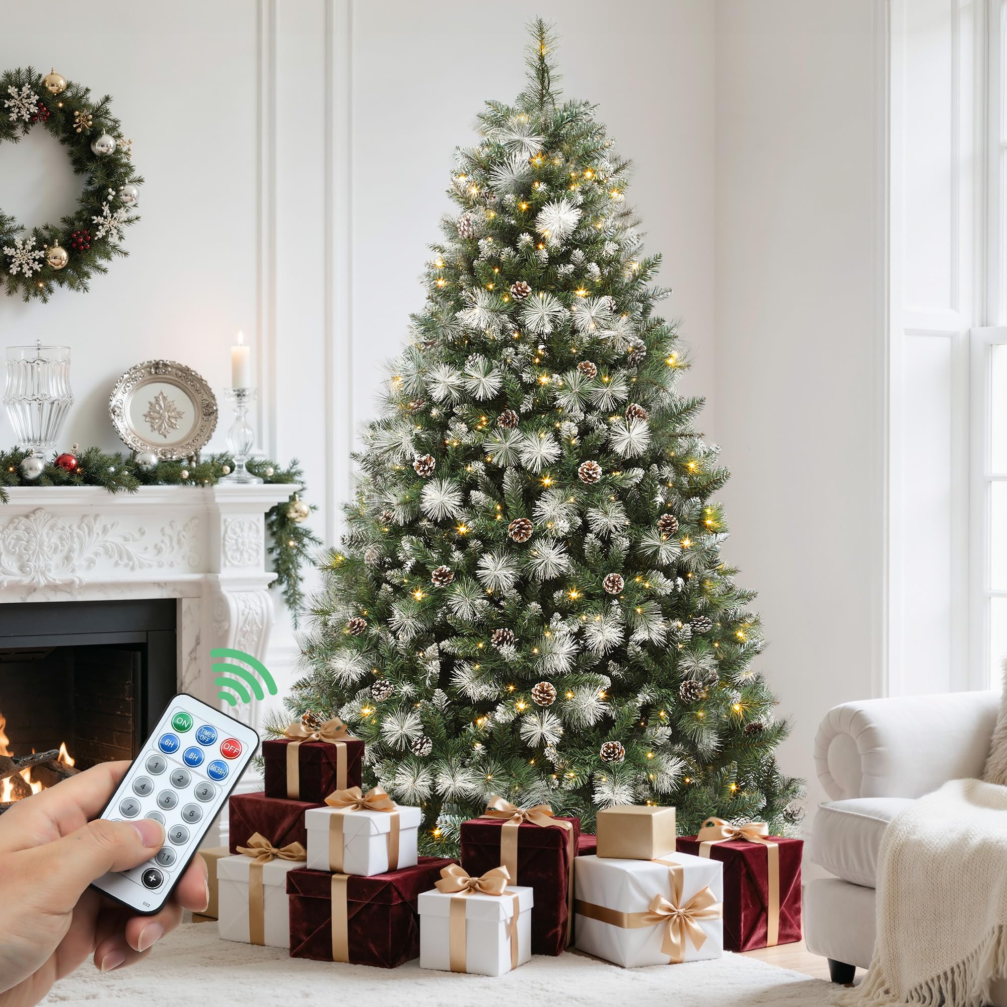 YITAHOME 6ft Prelit Scotch Pine Christmas Tree with Remote Control, Pre-Decorated Frosted Christmas Tree with Pine-Cones & Needl