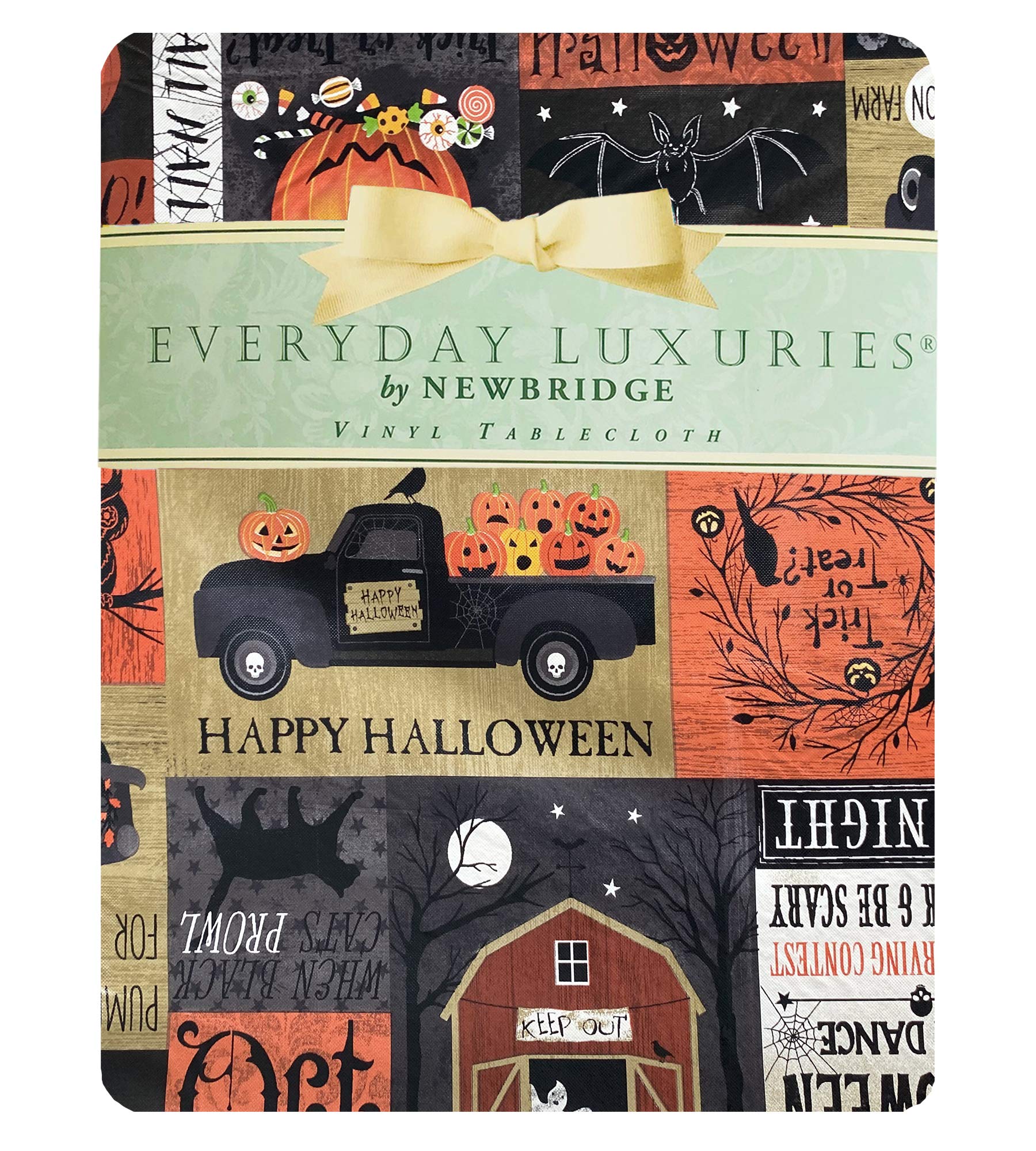 Newbridge Halloween Rustic Spooky Farm 70 Inch Round Vinyl Tablecloth With Flannel Backing, Scary Country Farmyard Ghosts, Haunt