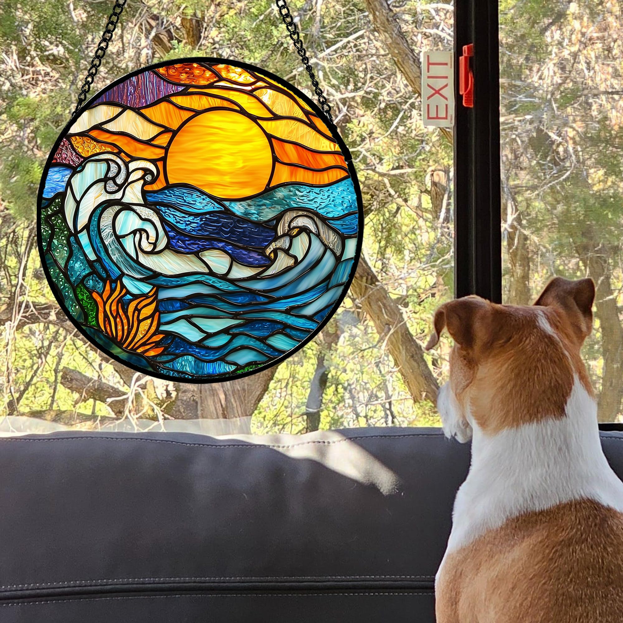 JOSUMALY Stained Glass Window Hanging, Orange Sun Blue Sea Waves Landscape Suncatcher for Doors Window Home Sun Catchers Decor M