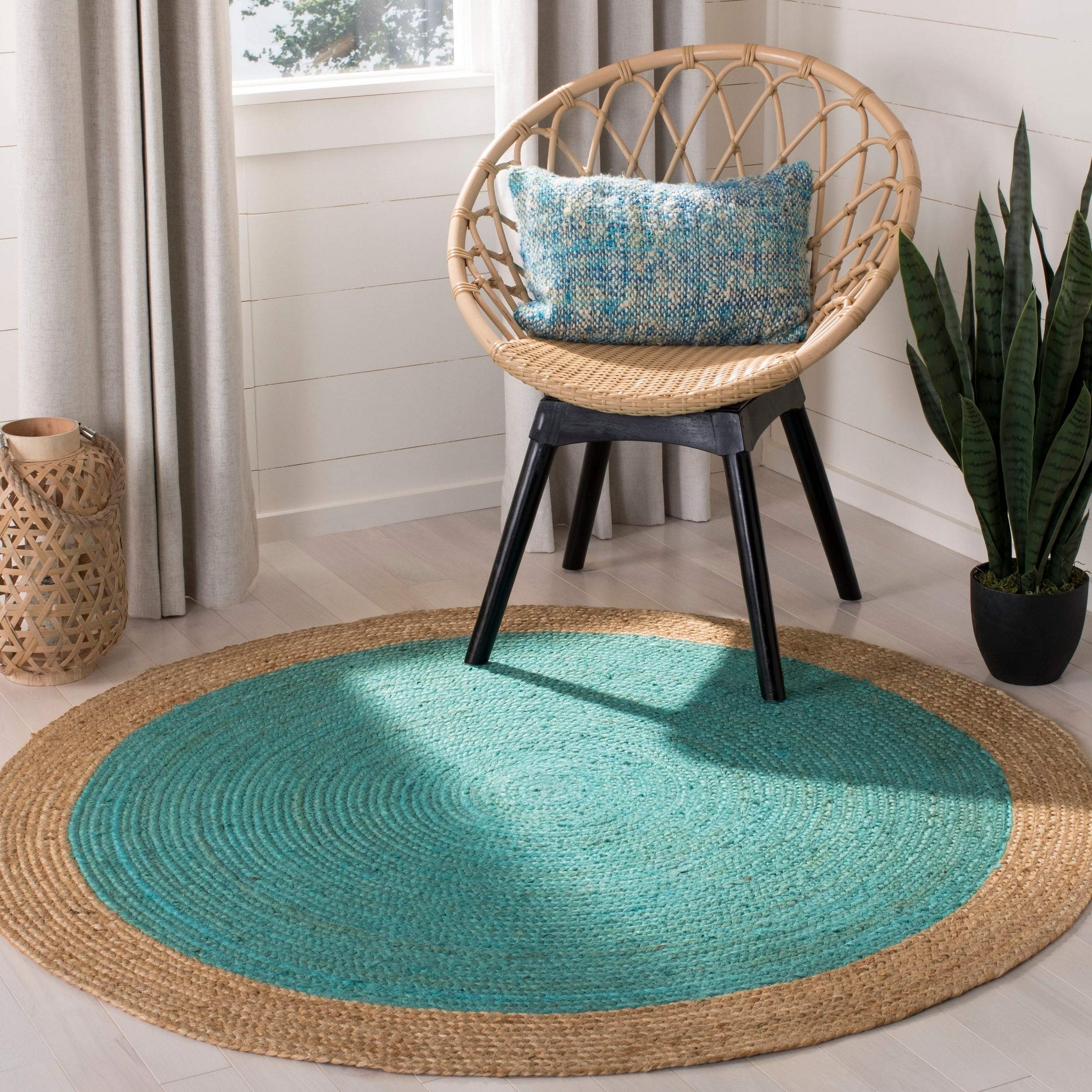 SAFAVIEH Natural Fiber Collection Area Rug - 4 Round, Teal & Natural, Handmade Boho Braided Jute, Ideal for High Traffic Areas 