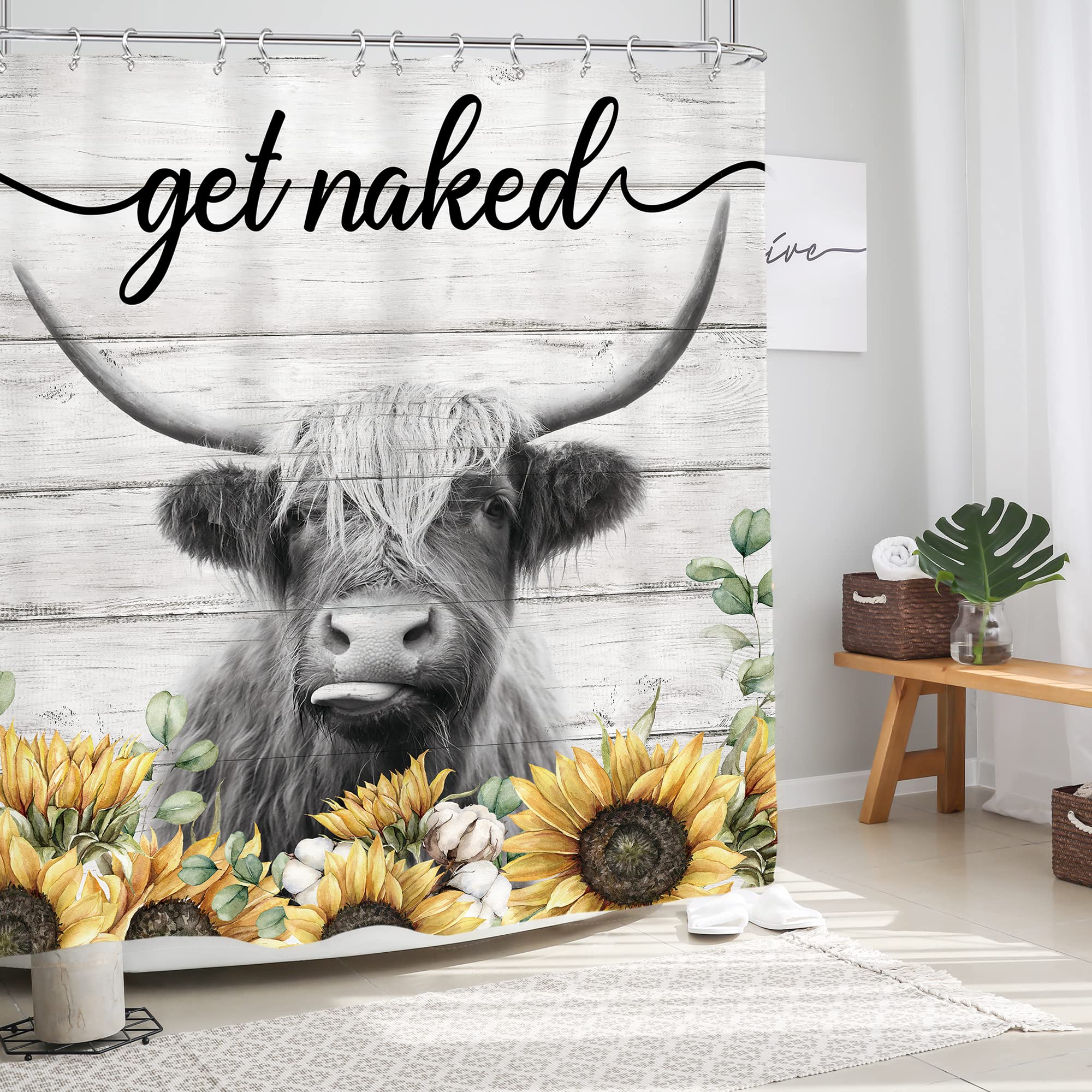 Glawry Rustic Sunflower Highland Cow Shower Curtain Get Naked Farmhouse Bull Bathroom Curtains Set Funny Animal Cattle Wood Barn