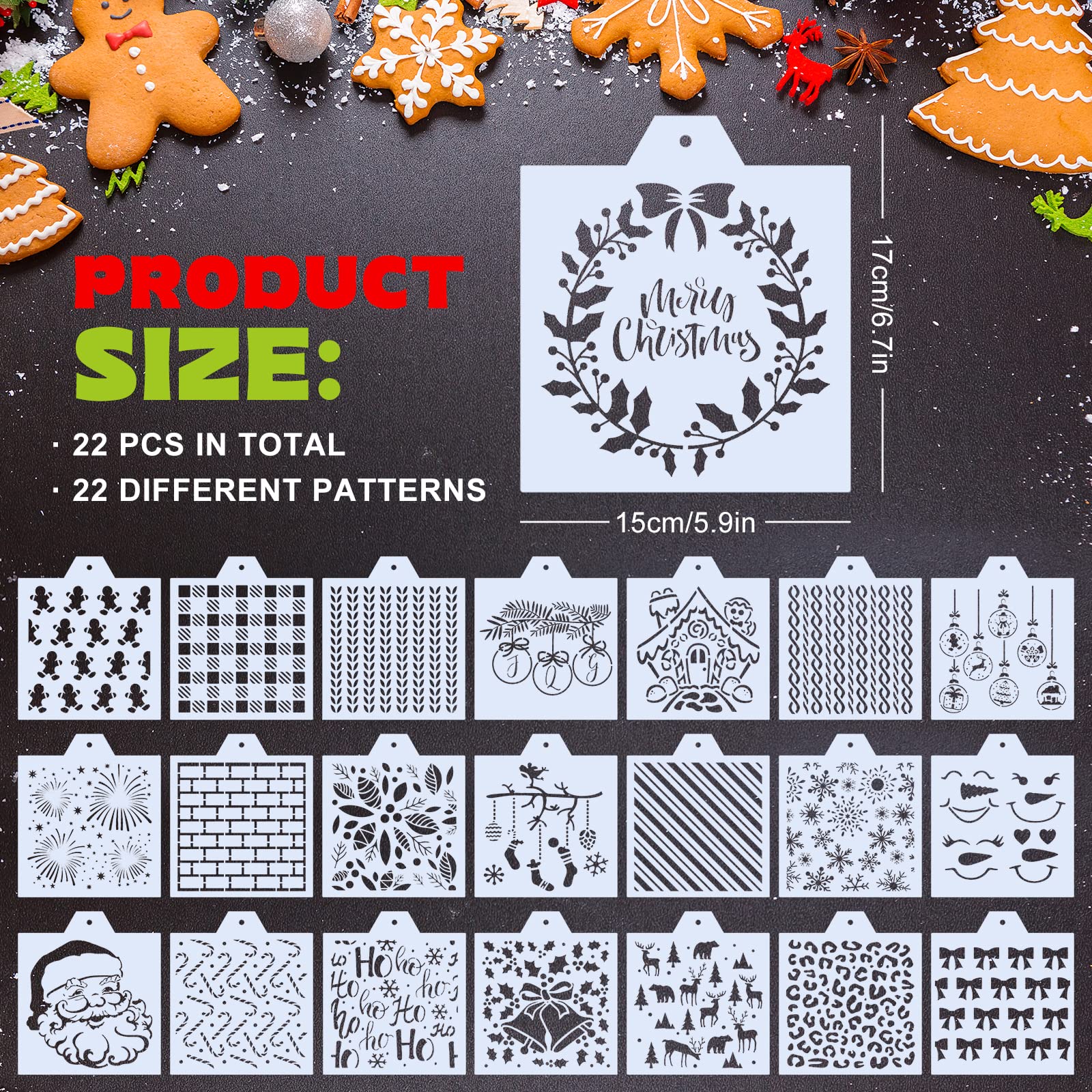 Whaline 22Pcs Christmas Cookie Stencils Snowflake Santa Candy Canes Flowers Gingerbread Pattern Airbrush Painting Stencils Chris