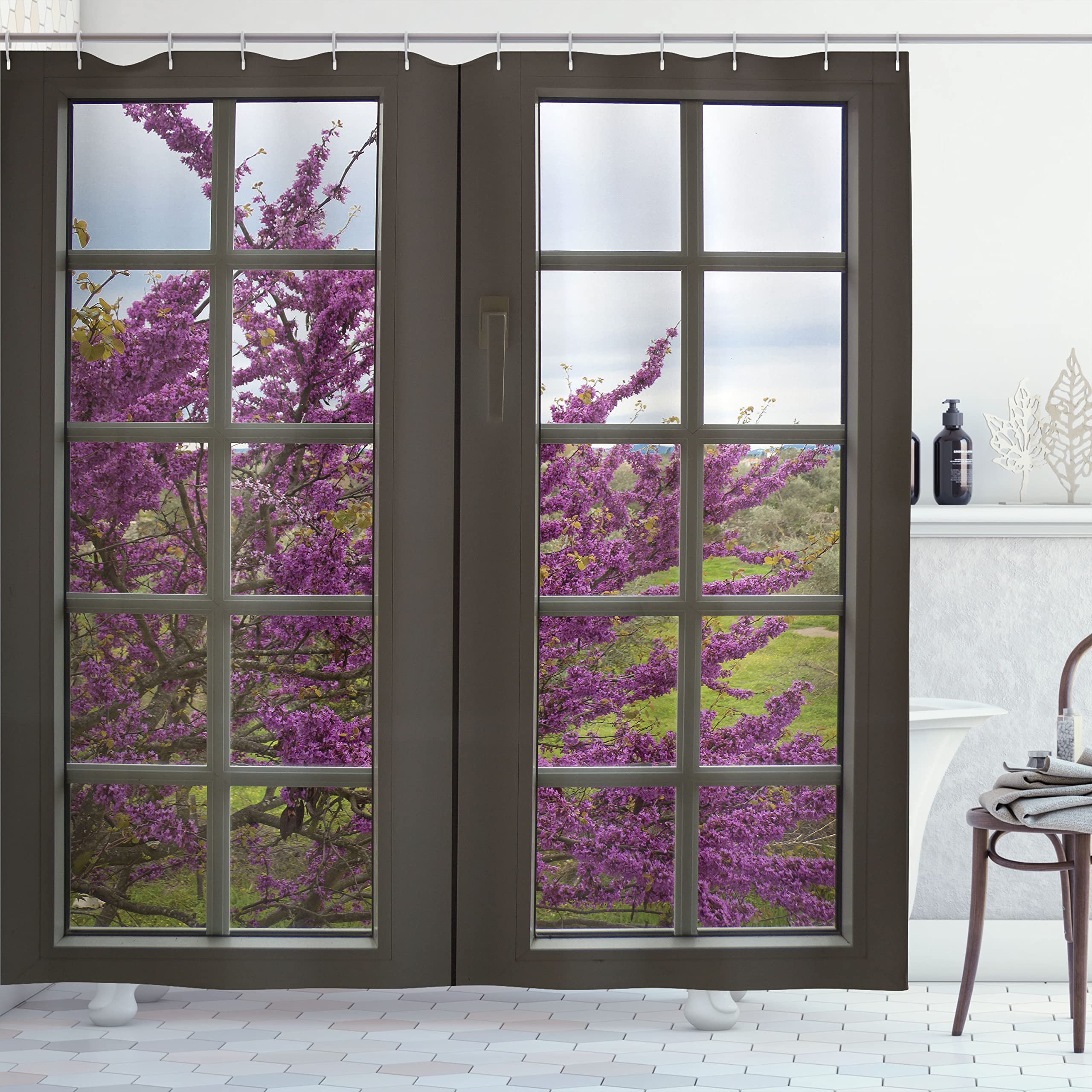 Ambesonne Country Shower Curtain, Romantic View Through The Window To Countryside Of Purple Colored Flowers Spring Blooms Branch