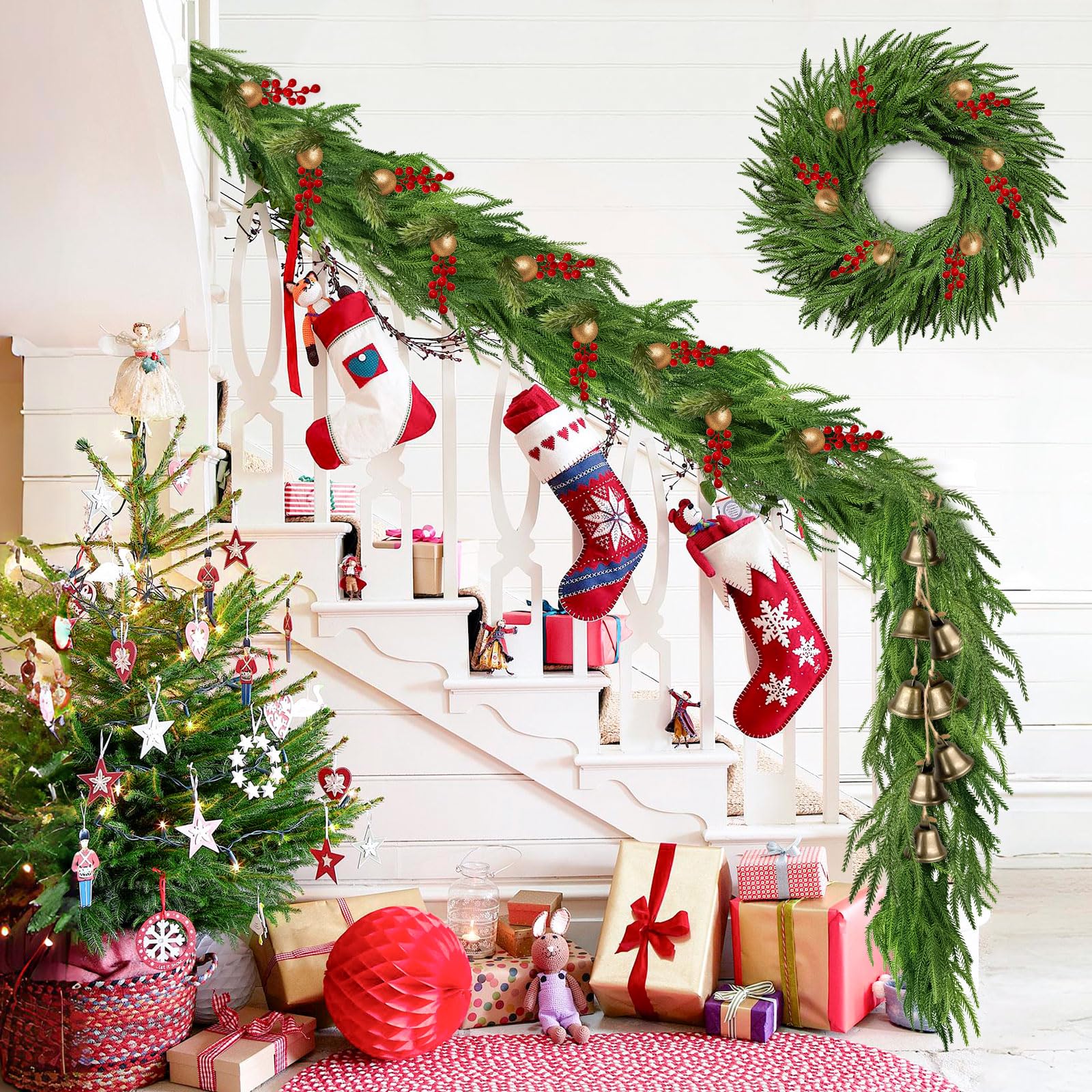 9.8Ft Christmas Norfolk Pine Garland with Berry and Pines,Real Touch Cedar Garland,Pine Garlands for Mantle, Table,Stair Handrai