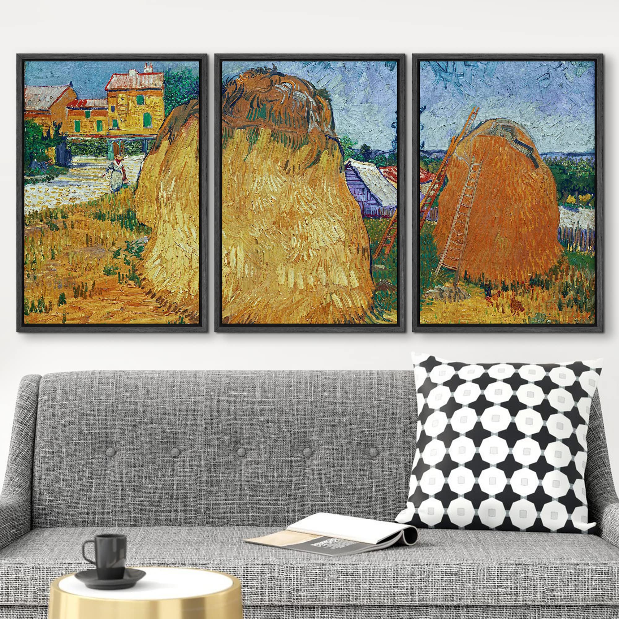 Wall26 Framed Canvas Print Wall Art Set Haystacks In Provence, France Vincent Van Gogh Classical Illustrations Fine Art Decorati