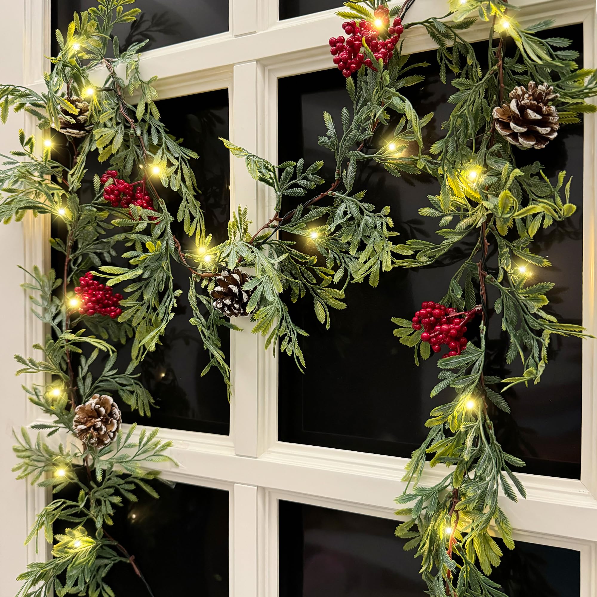 MINDELF 6 FT Artificial Christmas Garland, Faux Cypress Leaf Evergreen Garland with 20 LED Lights, Red Berries and Pinecones, Gr