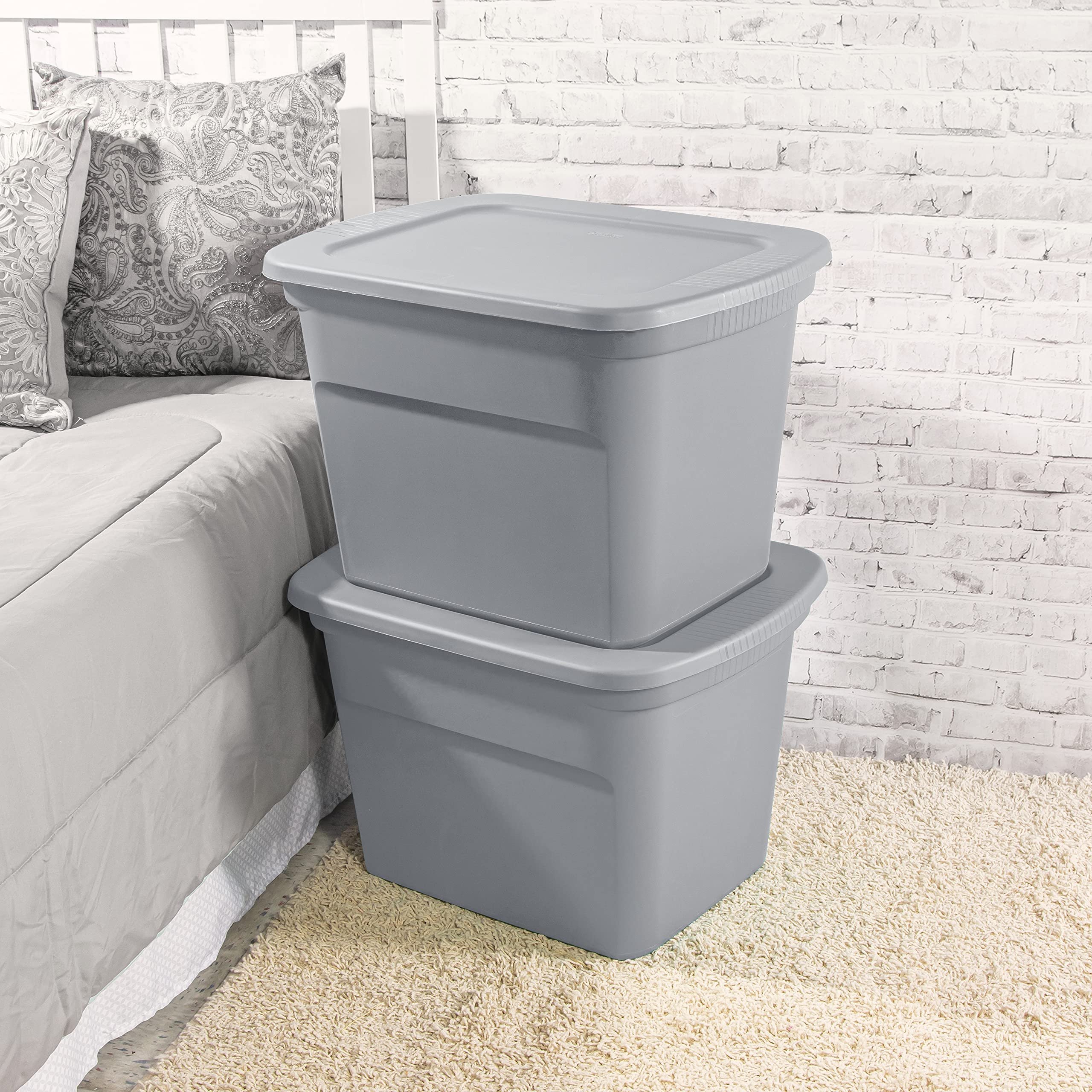 Sterilite 18 Gal Storage Tote, Stackable Bin With Lid, Plastic Container To Organize Clothes In Closet, Basement, Gray Base And