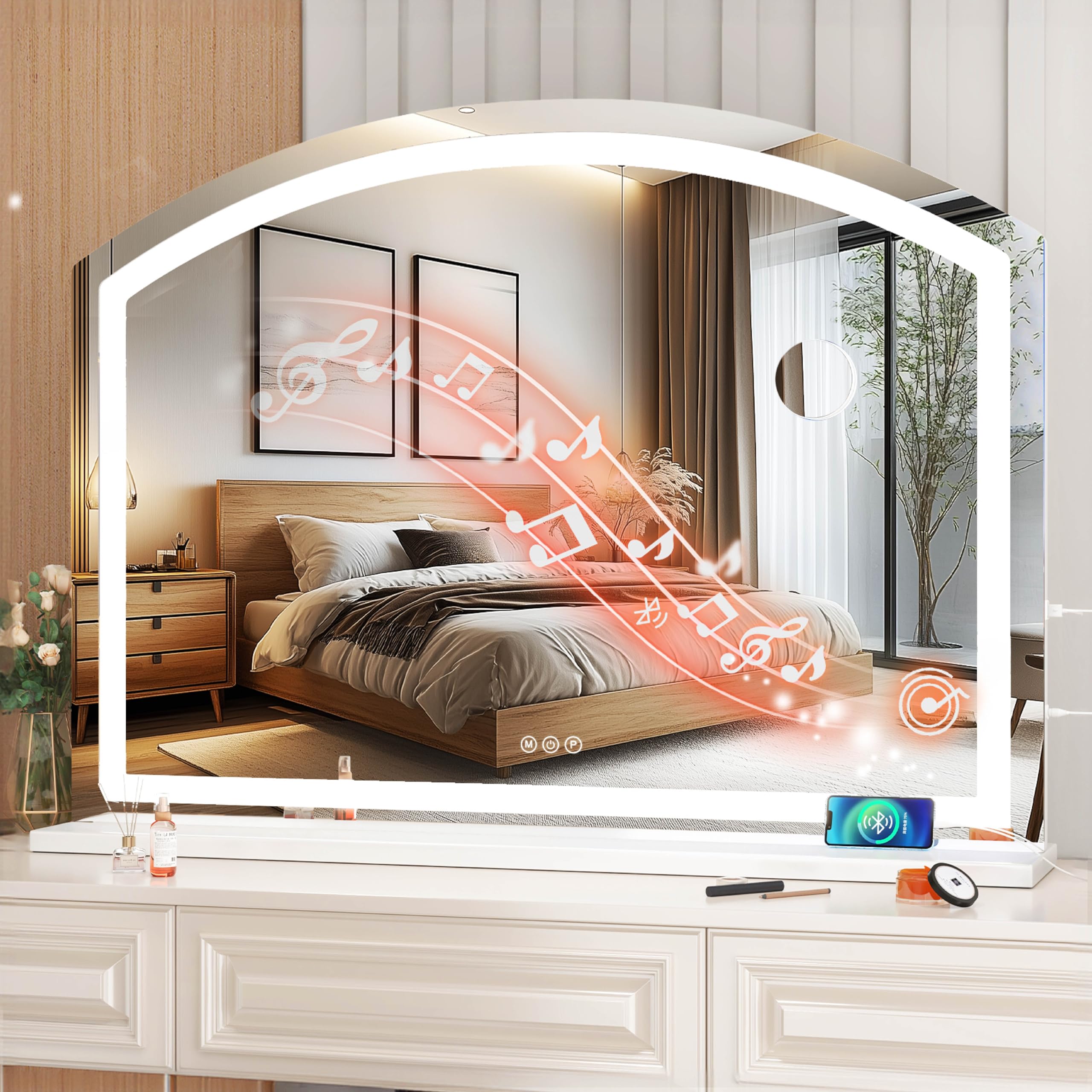 Hasipu Arch Vanity Mirror With Light, 32'' X 24'' Arched Led Makeup Mirror With 10X Magnification, Lighted Makeup Mirror With Bl