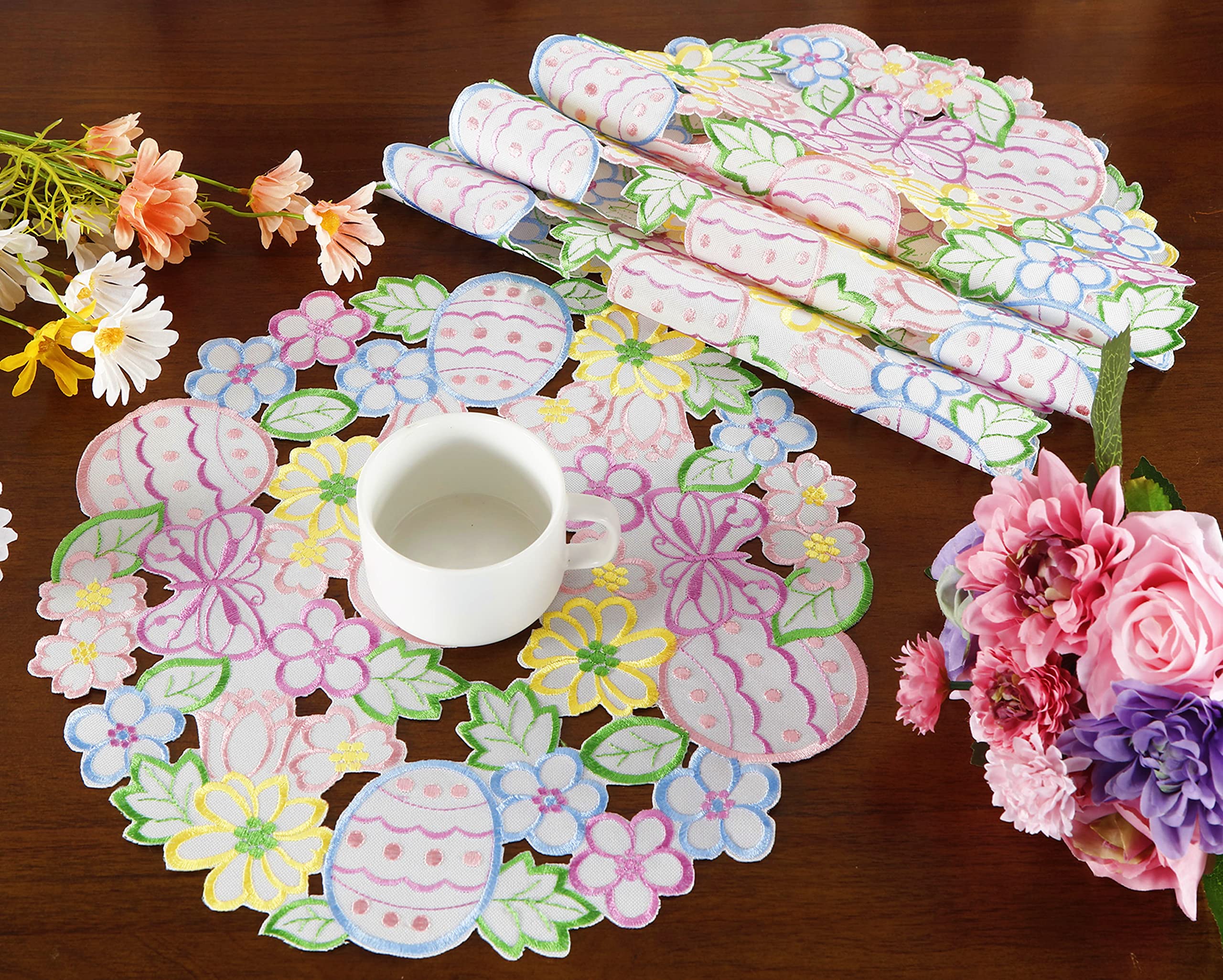 Easte Egg Placemat 14'' Set Of 4 Cutwork Embroidered Spring Flowery Floral Eggs Dresser Scarf For Home Kitchen Dining Spring Hol
