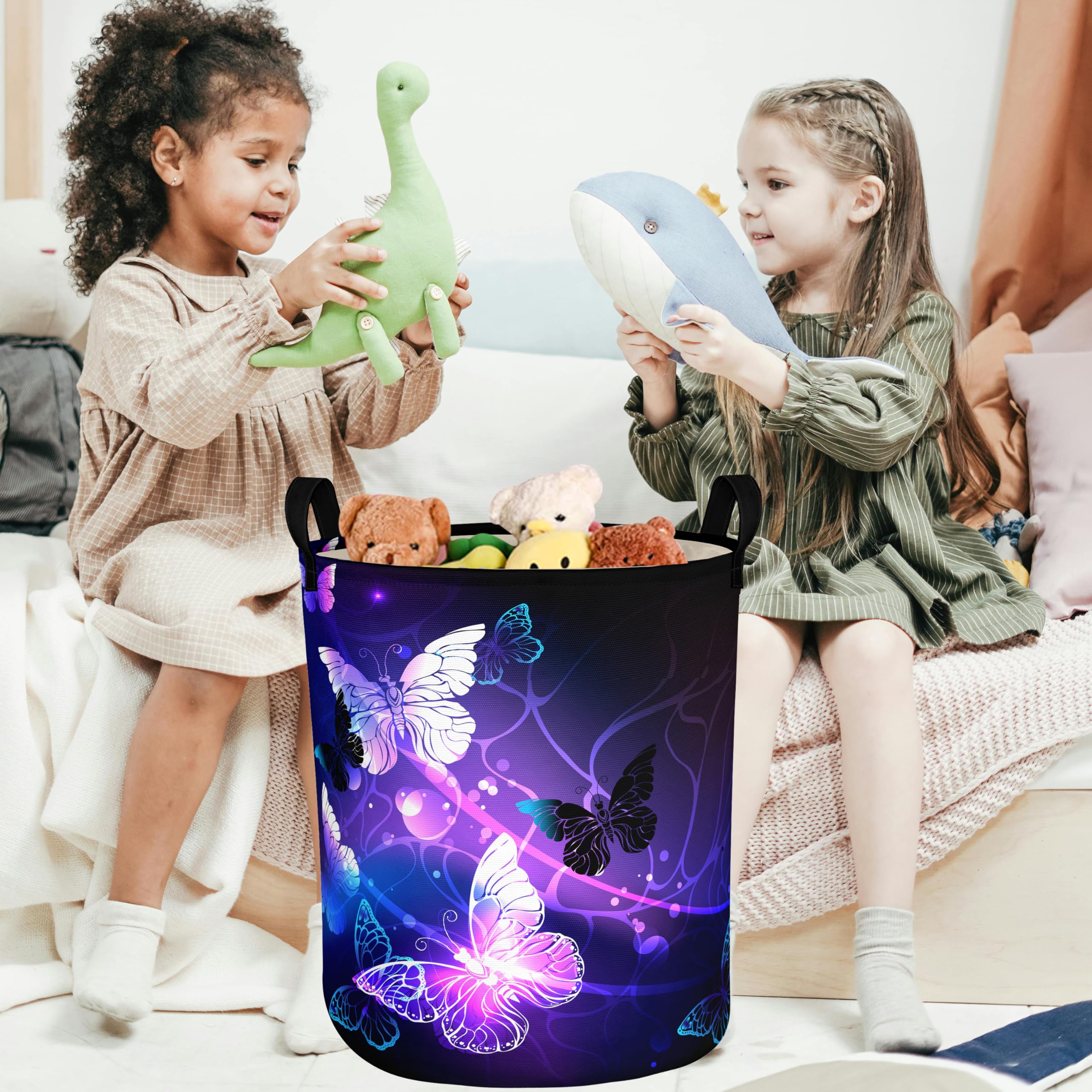 Purple Butterfly Laundry Basket Foldable With Handles Tote Bag Waterproof Oxford Cloth Funny Laundry Hamper Clothes Storage Buck