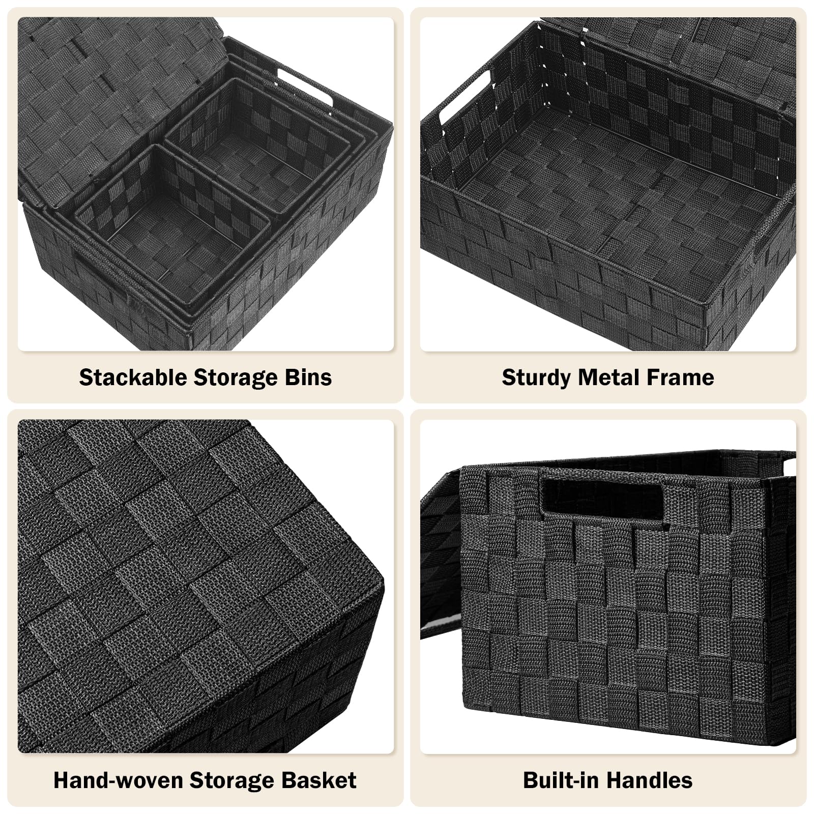 Uvellgift Storage Bins with Lids  Woven Storage Box Organizer Containers Decorative Baskets Cube for Clothes Bedroom Closet Office (5 Pack  Black)