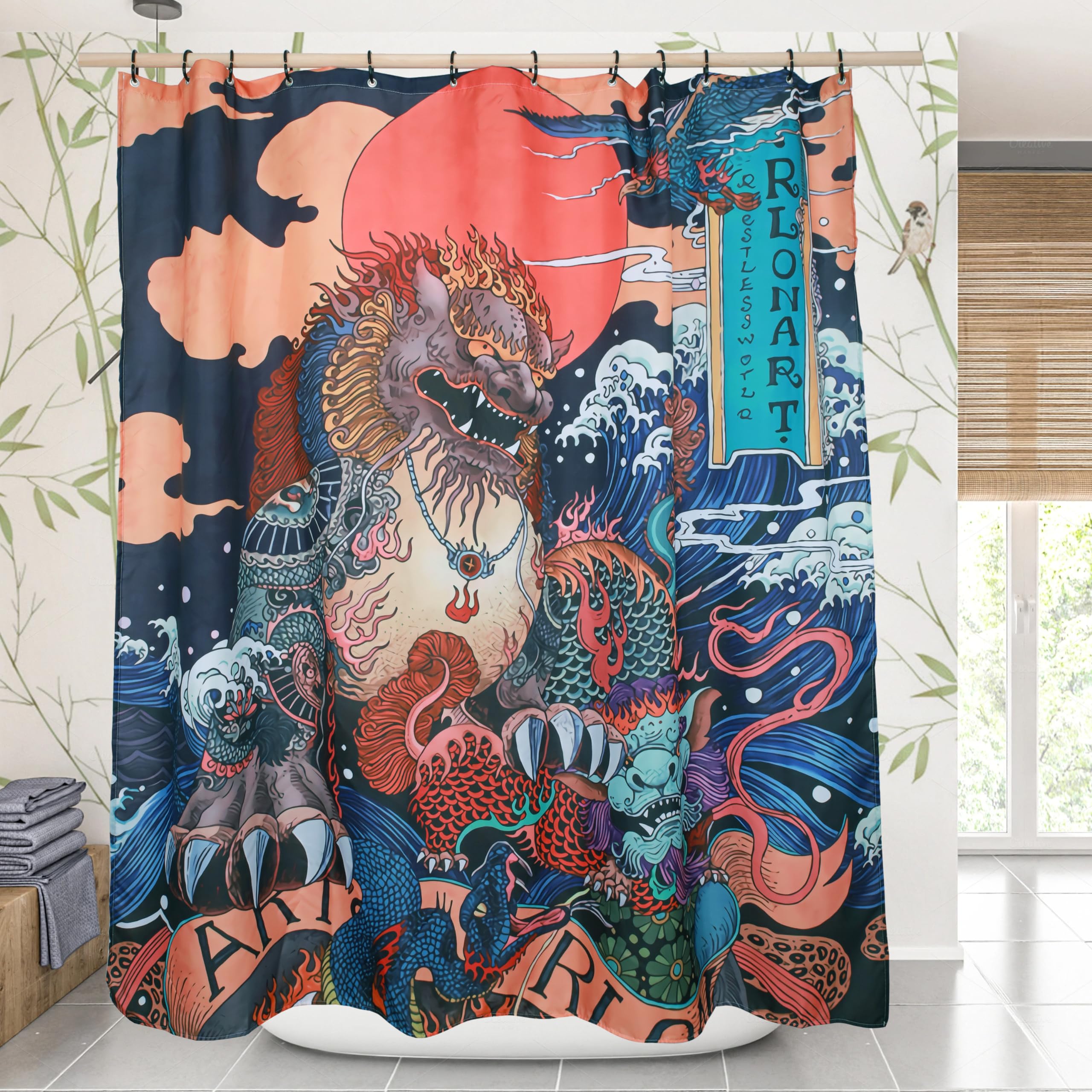 Spanker Space Colorful Asian Art Ukiyoe Chinese Mascot Kylin Great Waves Waterproof Fabric Unique Bath Shower Curtain With Hooks