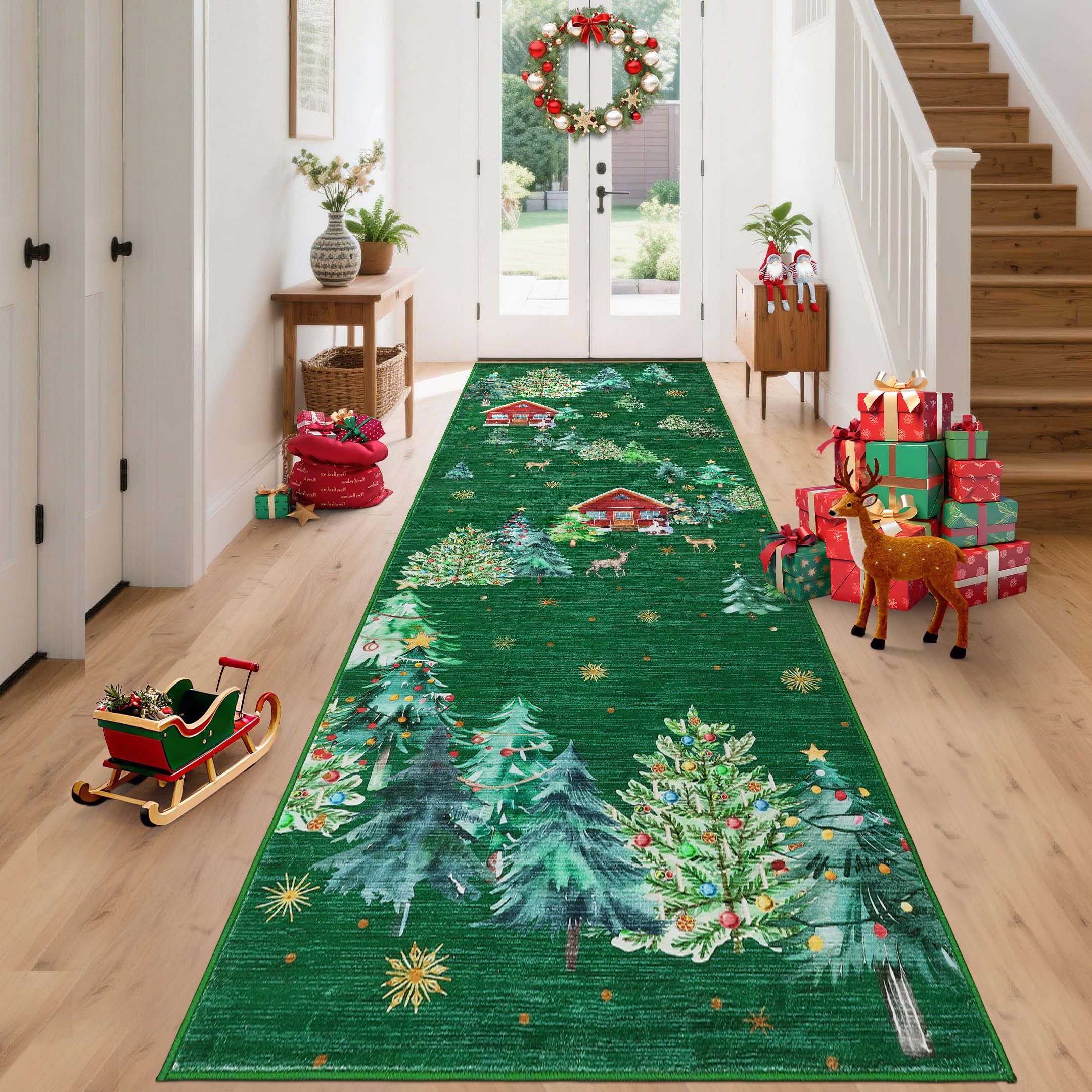 GarveeHome Christmas Runner Rug for Hallway 2x10 Kitchen Rugs Non Slip Low Pile Entryway Rug Xmas Tree Bathroom Rugs Stain Resis