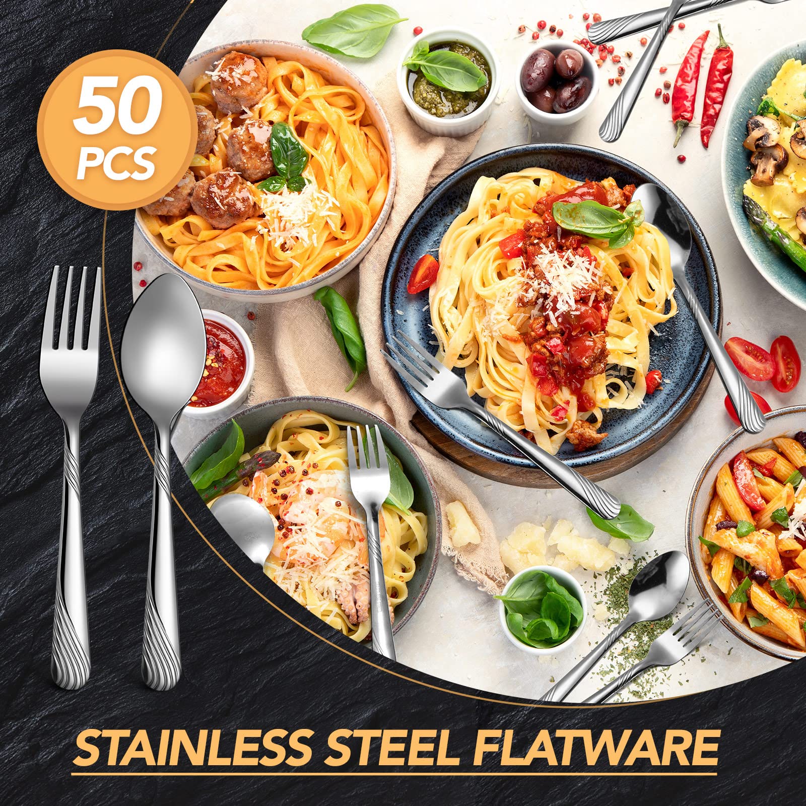 50 Pcs Forks And Spoons Silverware Set Stainless Steel Flatware Cutlery Set Heavy Duty Metal Spoons And Forks Set For Kitchen Ut