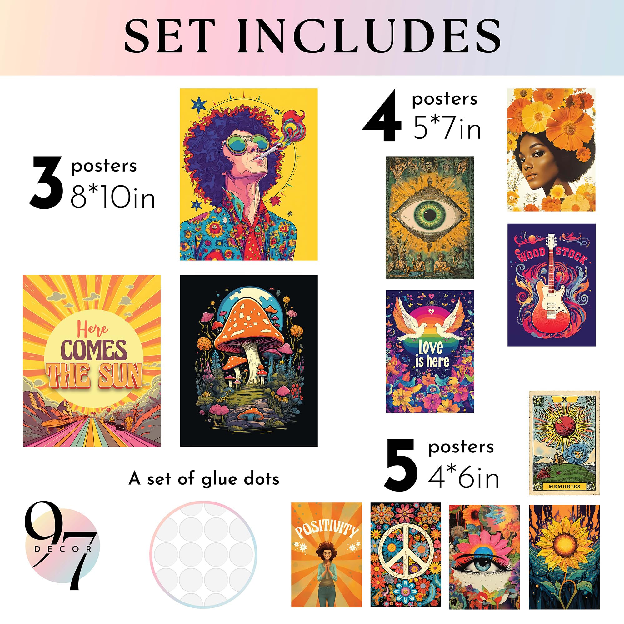 97 Decor Hippie Room Decor For Bedroom Aesthetic - Boho Hippie Wall Decor, 70S Decor For Home, Retro Wall Art Prints, Groovy Pic