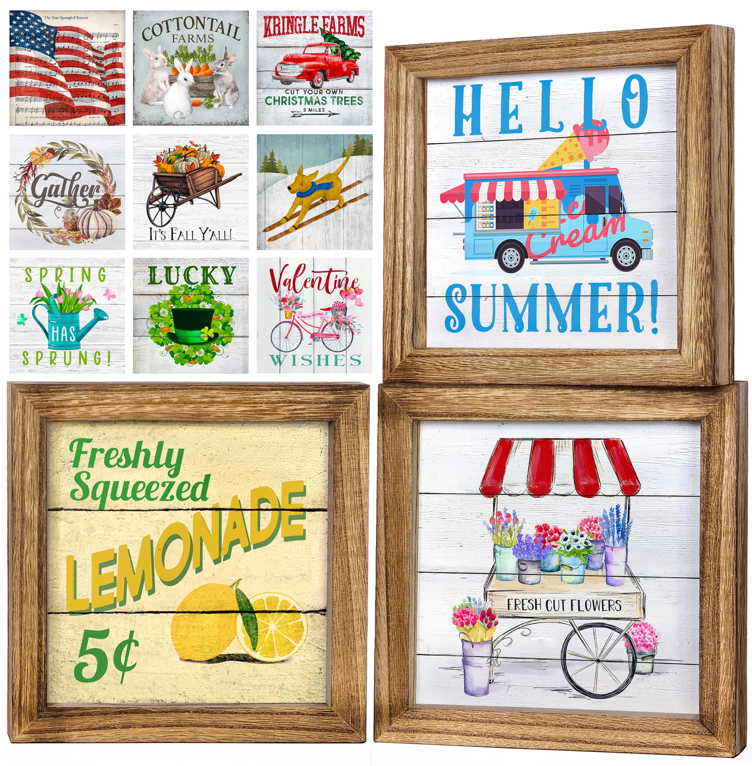 Set of 3 Rustic Wood Frames for Tiered Tray Decor - 36 Interchangeable Seasonal Home Signs for Valentines, St Patricks Day, All