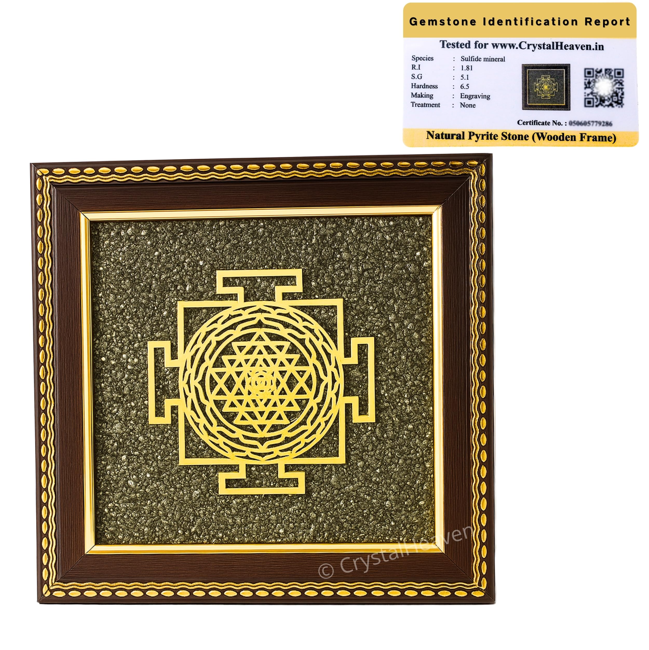 Pyrite Stone Frame With Shree Yantra To Attract Money, Protection And Chakra Healing - Wooden Photo Frame Wall Decor Items For L