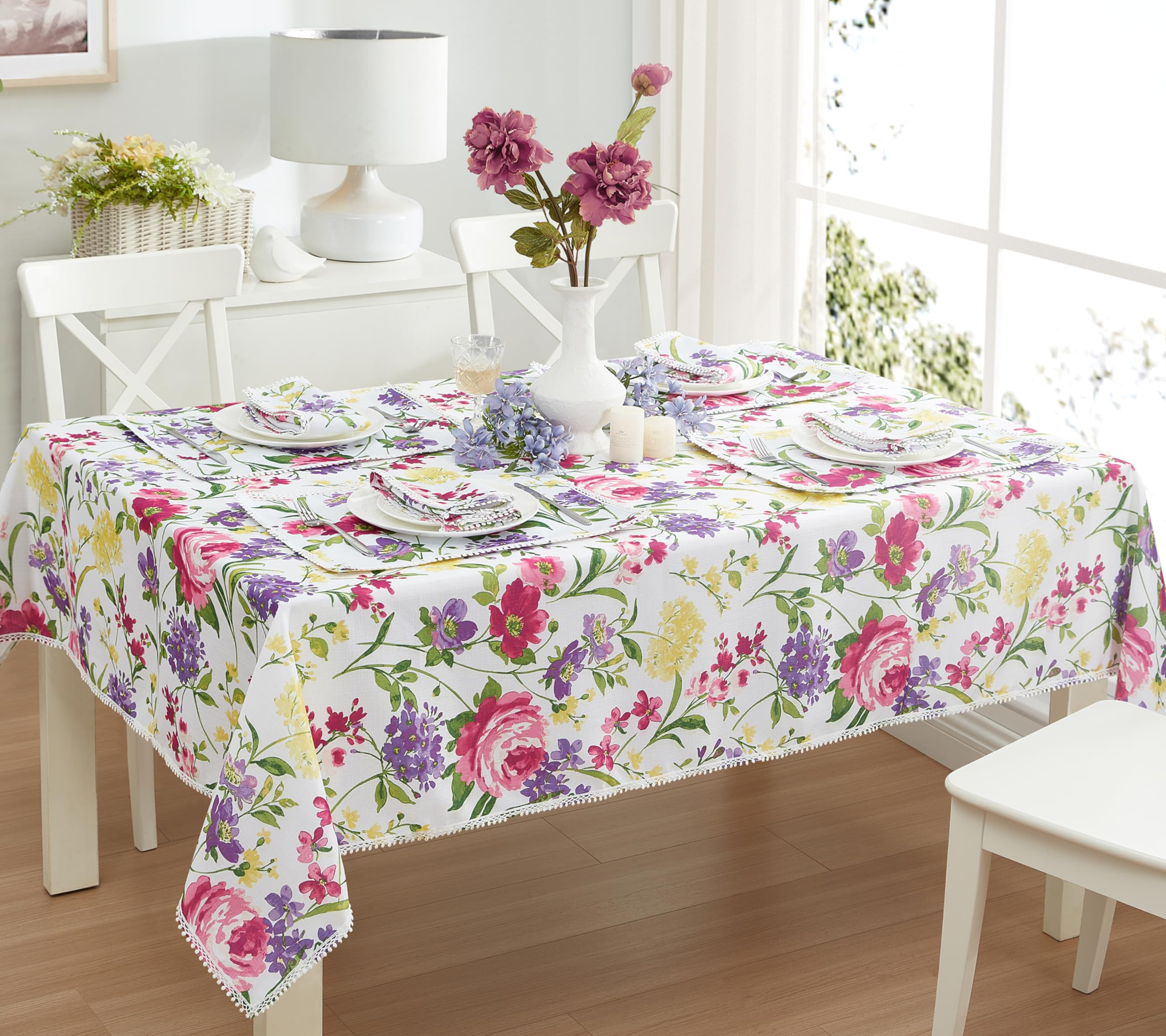 Newbridge Rectangle Fabric Tablecloth, 60 X 84 Inch, Summer Sophia Pom Pom Fringe, Wrinkle And Stain Resistant Pink And Purple F