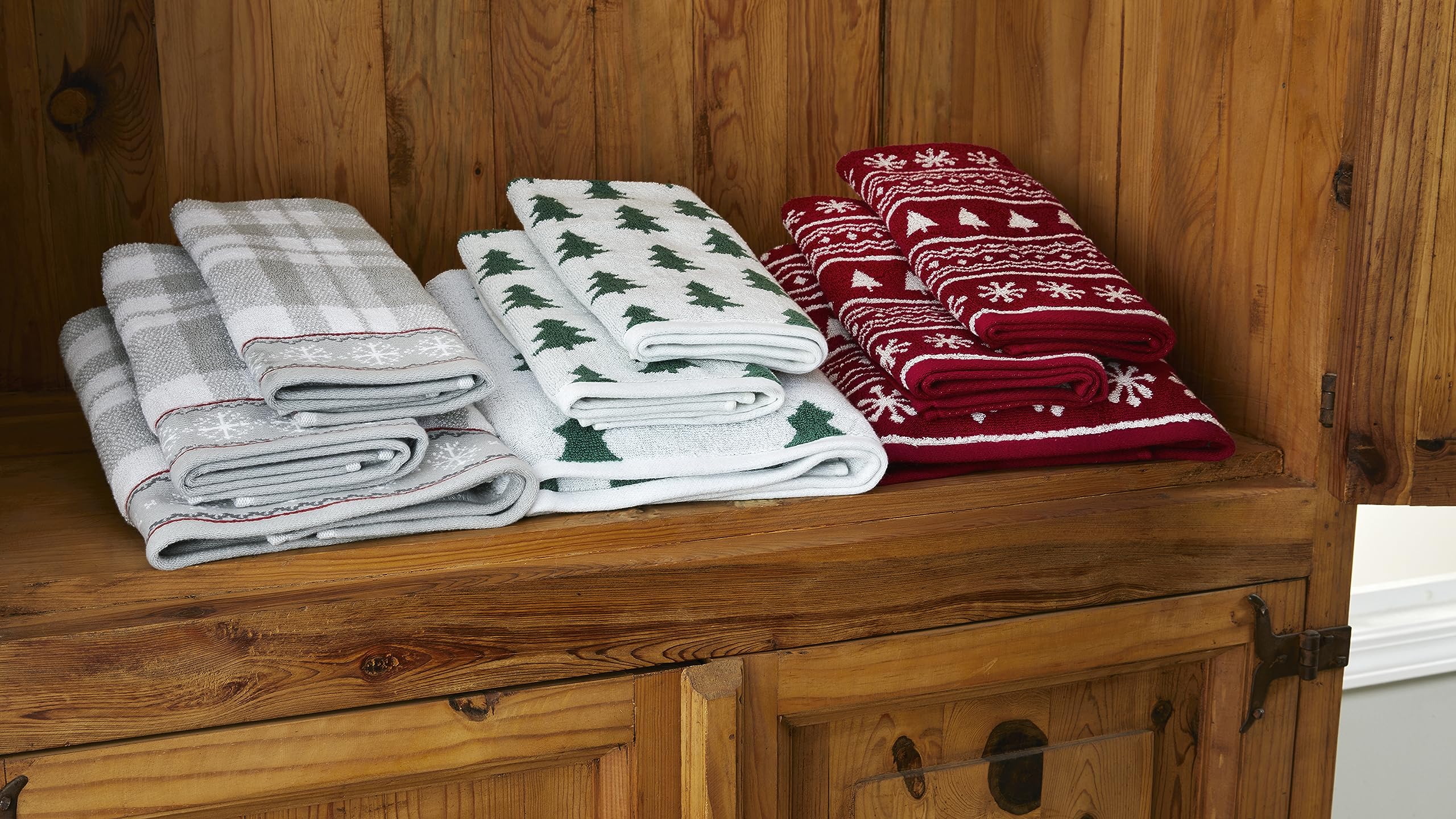 Skl Home Winter/Christmas Fair Isle Hand Towel 2Pc Set For Bath/Kitchen/Bar & Gift, Red