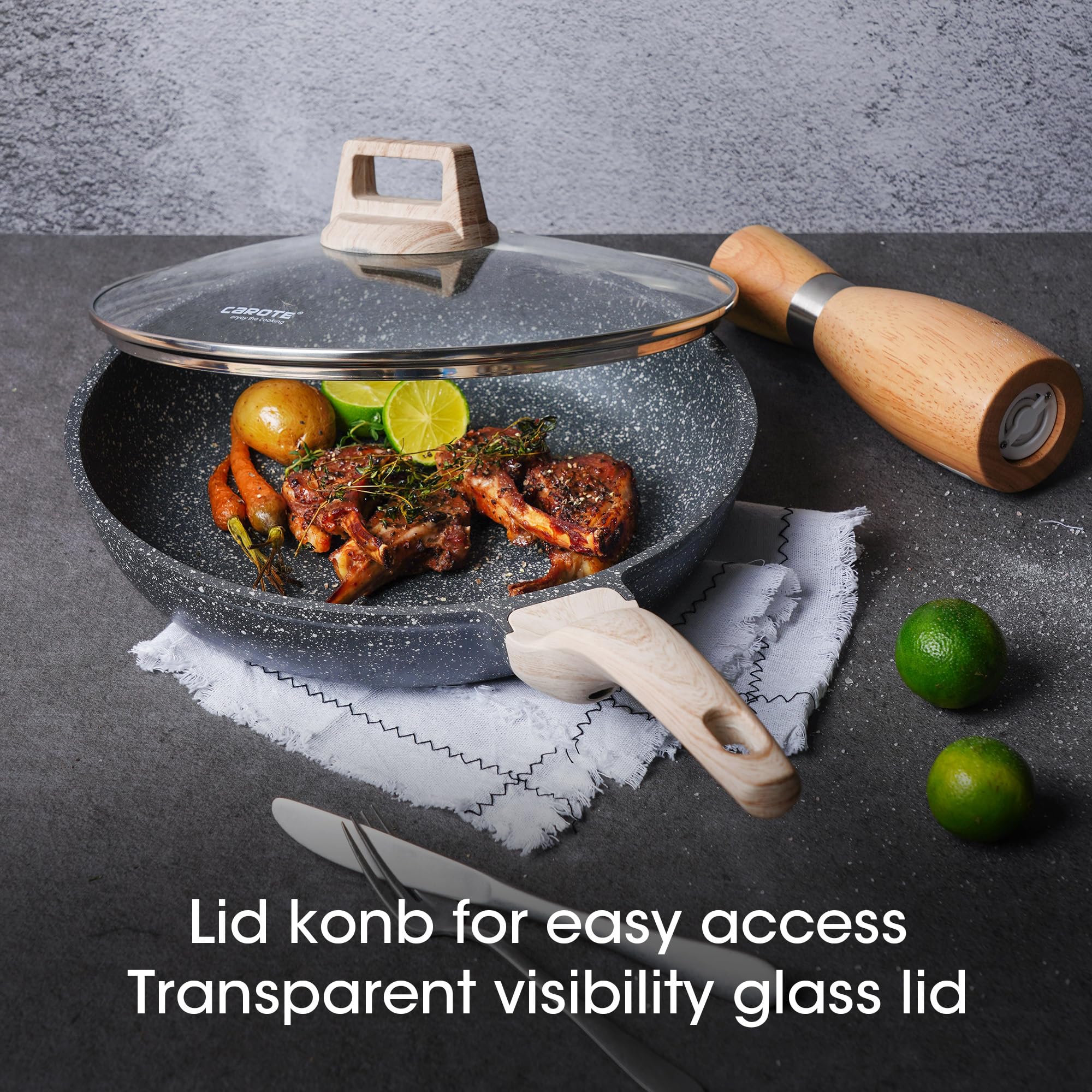 CAROTE Non Stick Frying Pan Skillet,12.5 Nonstick Skillet with Glass Lid, Granite Cookware Chefs Pan, PFOA Free (Classic Granit