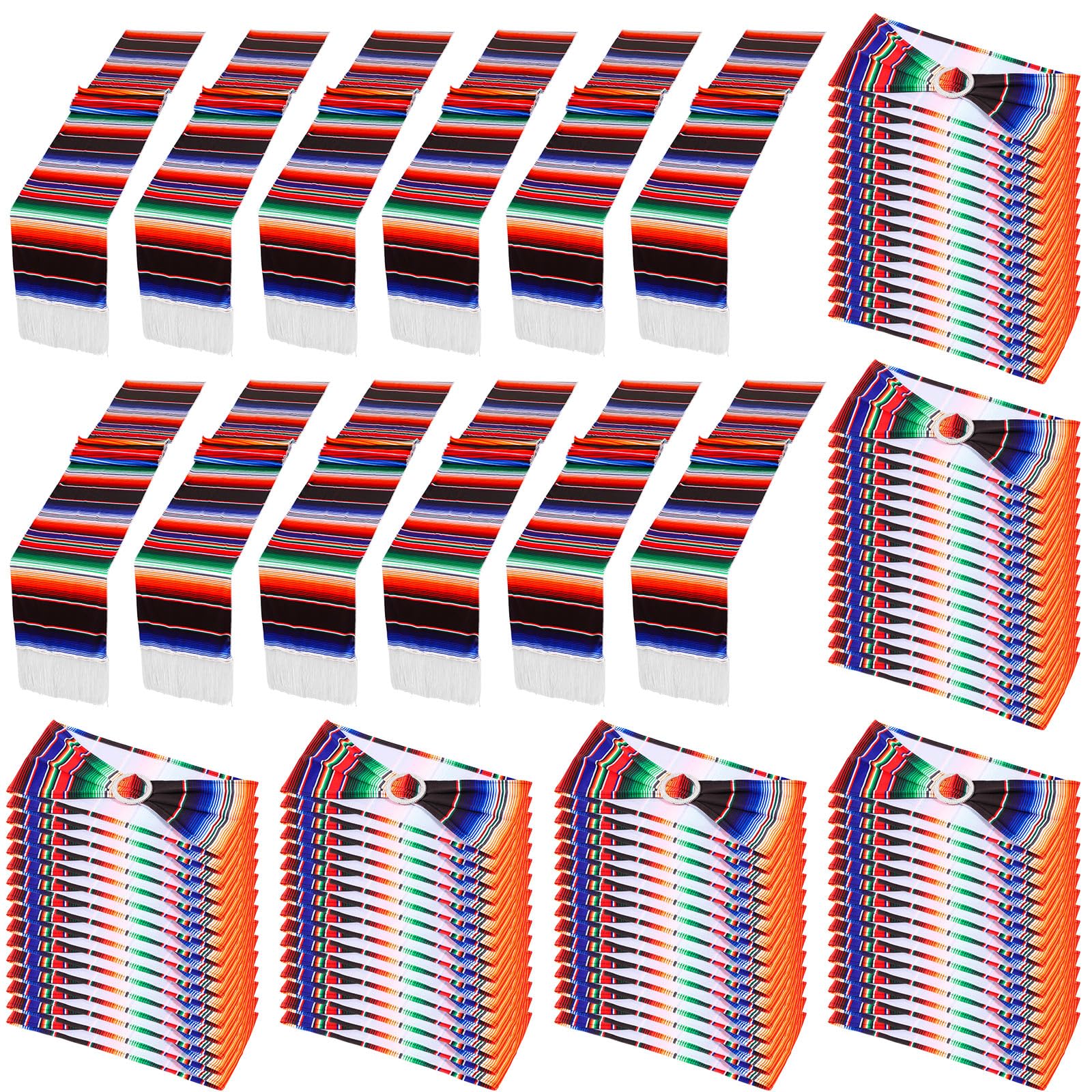 Newwiee 108 Pcs Mexican Stretch Chair Sashes with Table Runners, Cinco De Mayo Chair Bows Sashes Fringe Table Runner for Party W