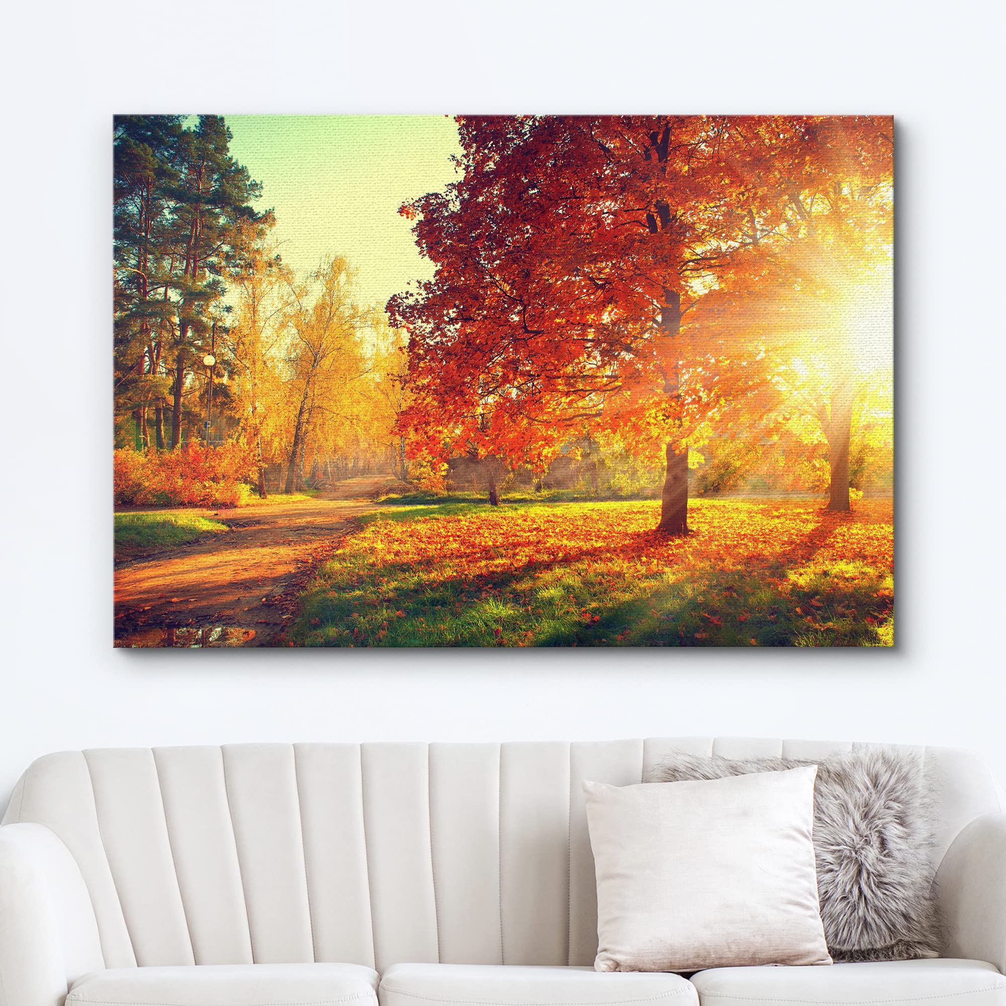 wall26 Canvas Print Wall Art Path Through Red & Orange Autumn Park Nature Wilderness Photography Modern Art Rustic Scenic Colorful Multicolor for Living Room  Bedroom  Office - 12''x18''