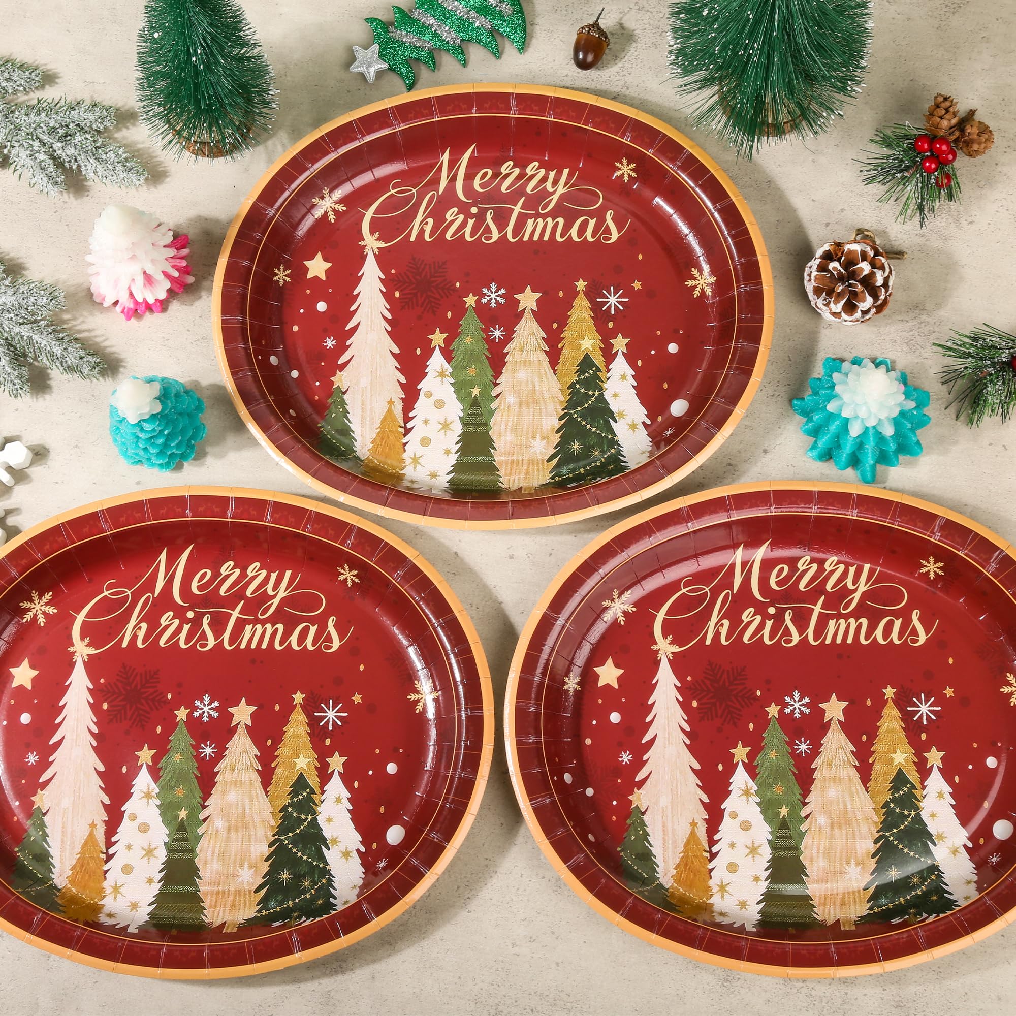 Purhapfre Christmas Paper Plates, Heavy Duty Oval Dinnerware, Large 10x12 Inch, Christmas Tree Design, 50 Pcs, Model Purhapfre0SD04