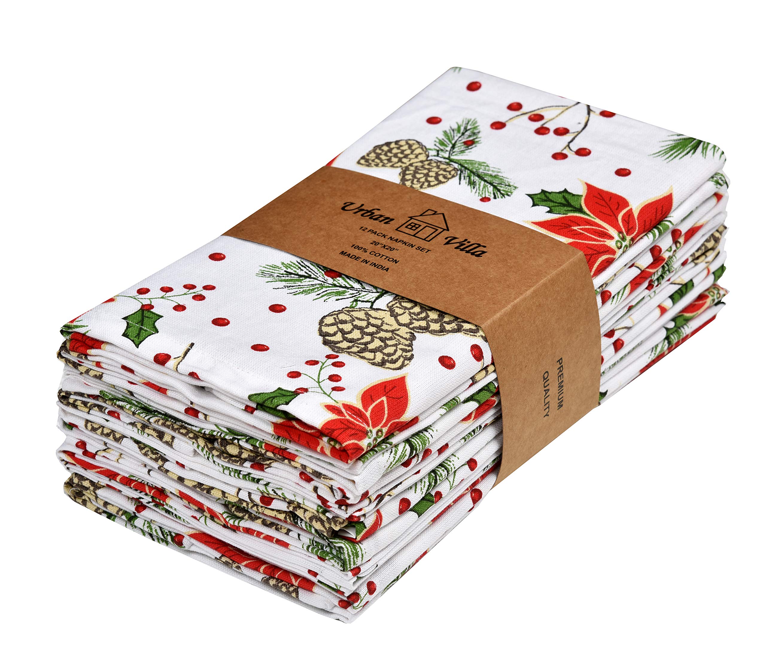 Urban Villa Floral Dinner Napkins Set Of 12 Pine Cone Print Cloth Napkins Christmas Color Dinner Napkins 20X20 Inches 100% Cotto