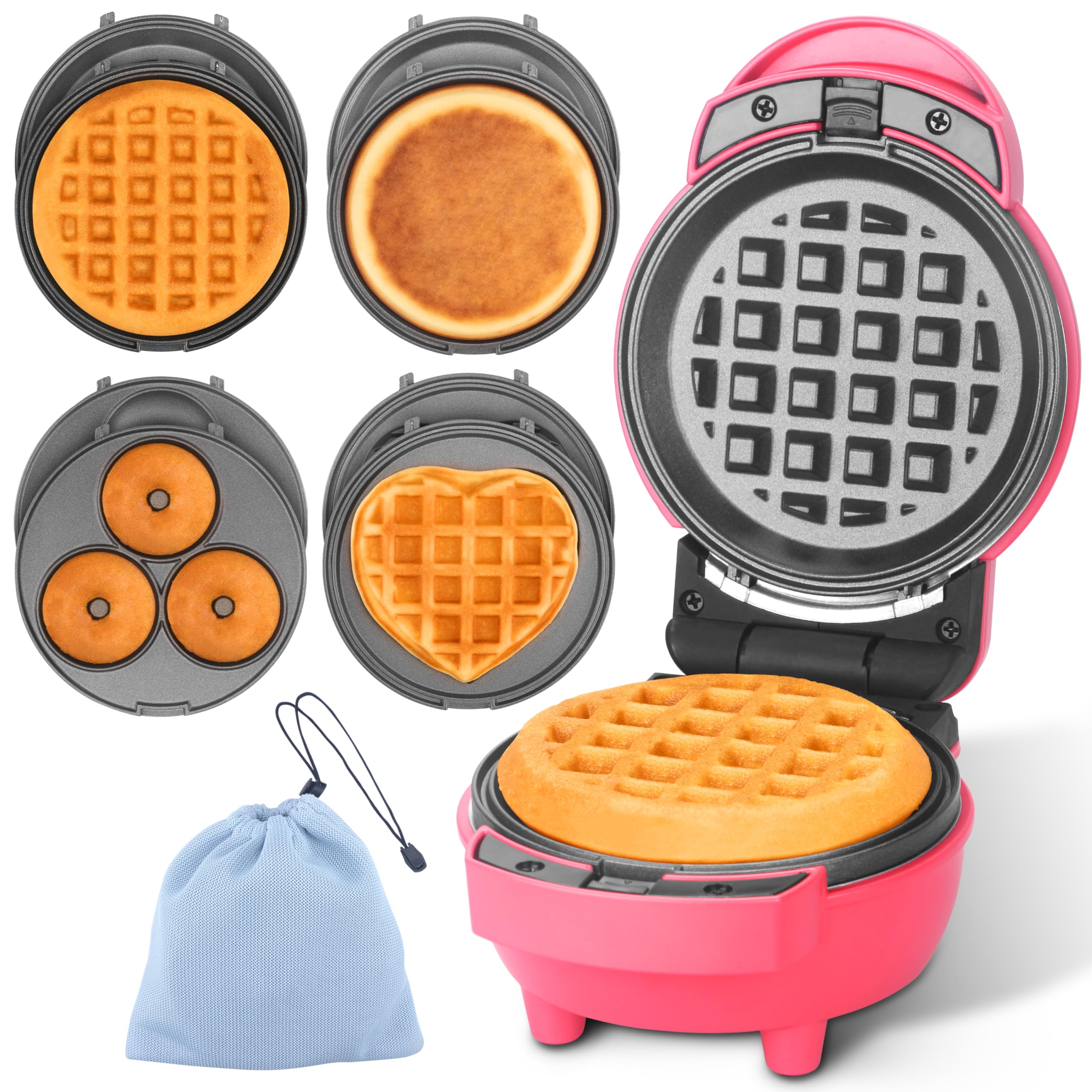 Bakers Friend 4 in 1 Mini Waffle Maker with Removable Plates, A Set of Mini Pancake Maker, Mini Donut Maker, Mini Heart Shape W