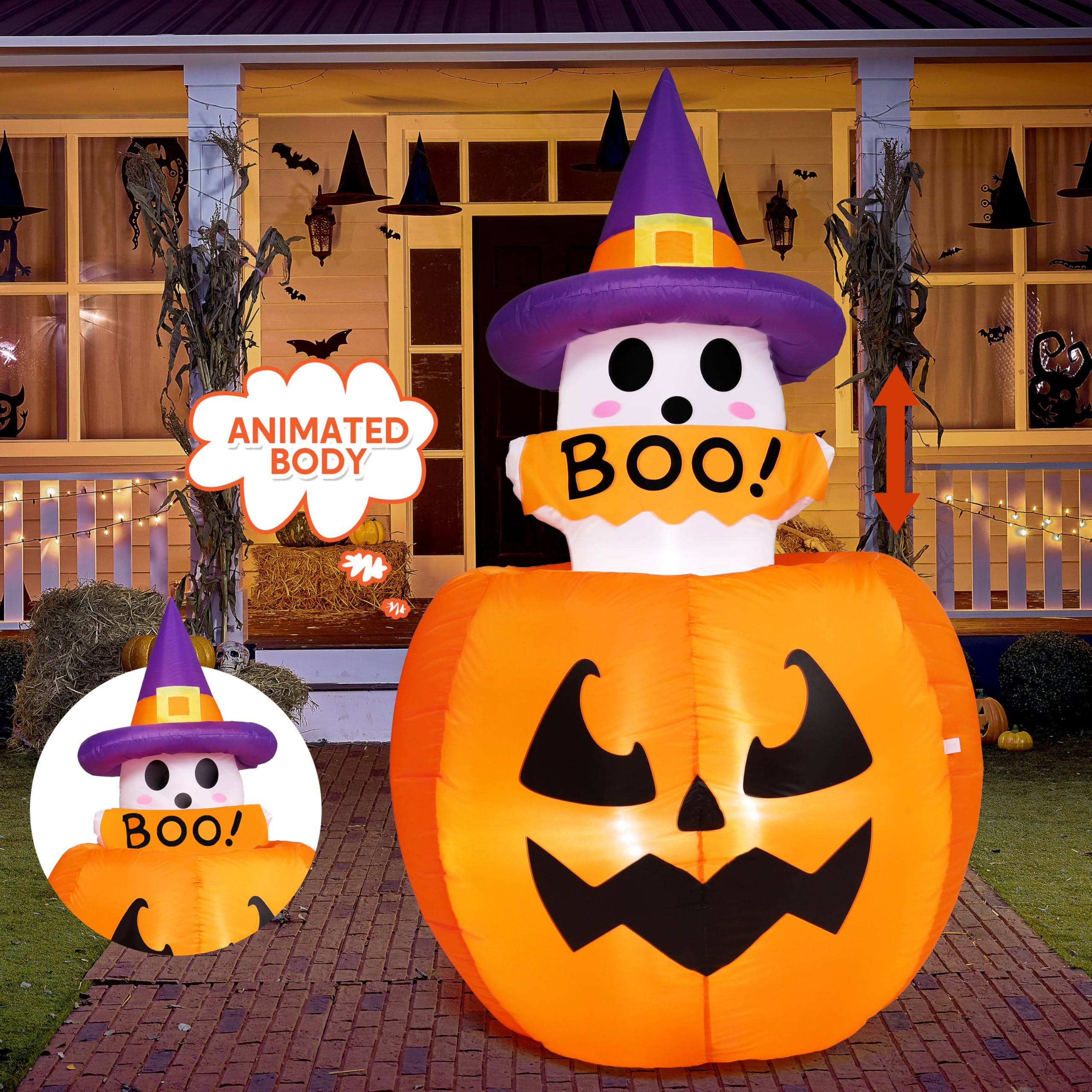 Joiedomi 5ft Tall Halloween Animated Inflatables Outdoor Decorations, Inflatable Ghost on Pumpkin with LEDs, Cute Blow Up Pumpki