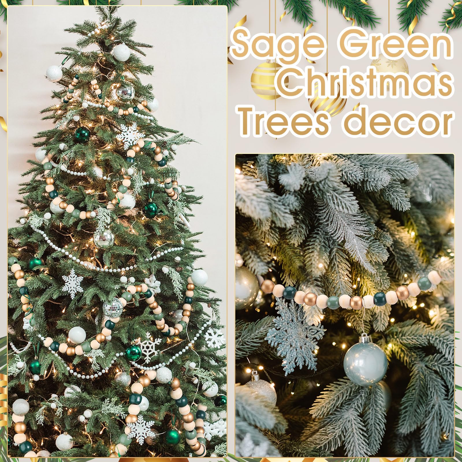 WILLBOND 16 Feet Christmas Wood Bead Garland Wooden Bead Garland for Christmas Tree Holiday Decoration (Sage Green)