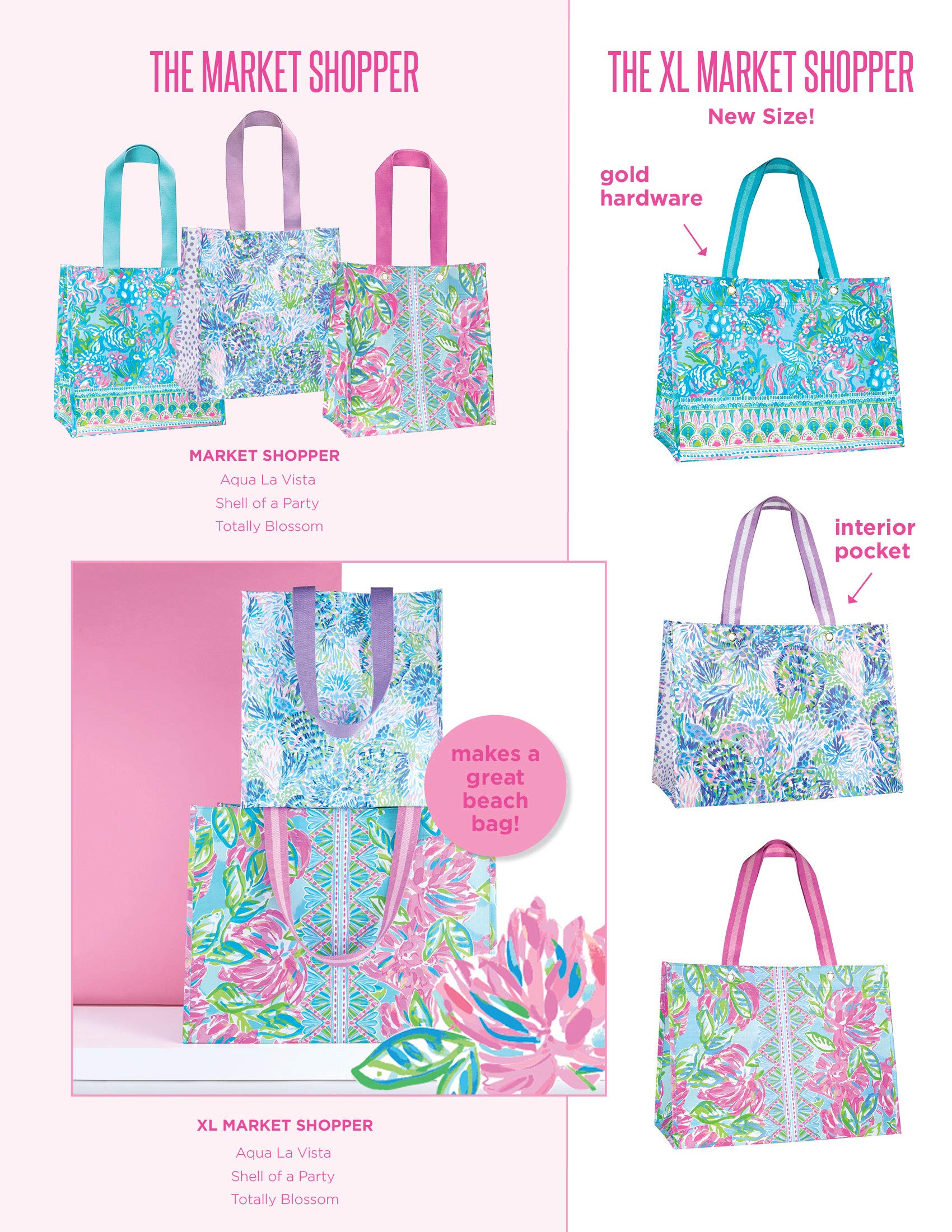 Lilly Pulitzer Blue/Green Market Shopper Bag, Reusable Grocery Tote With Comfortable Shoulder Straps, Aqua La Vista