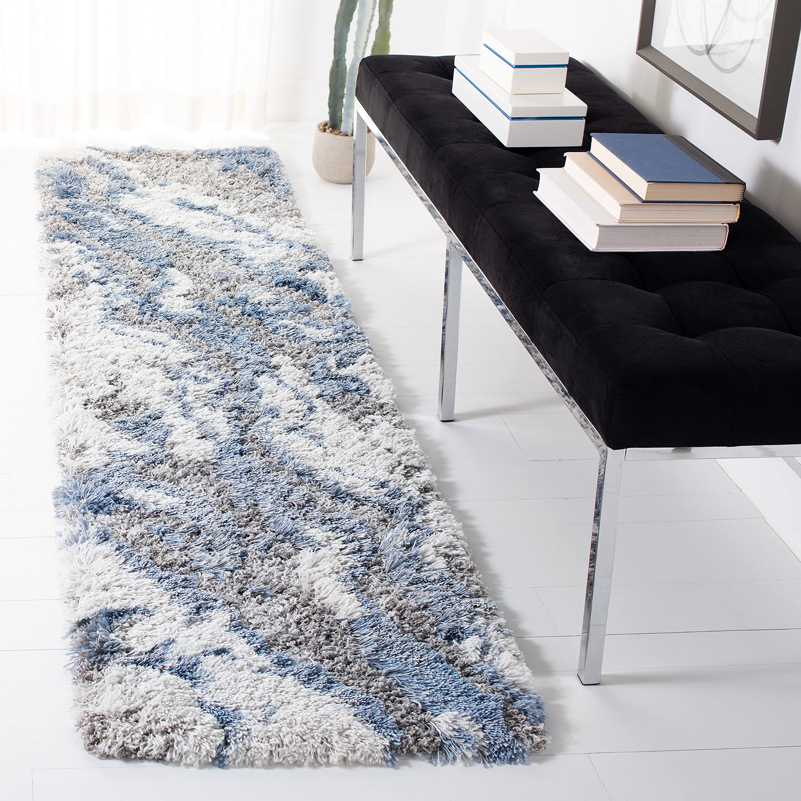 SAFAVIEH Horizon Shag Collection Runner Rug - 2 x 21, Grey & Blue, Modern Abstract Design, Non-Shedding & Easy Care, 2-inch Th