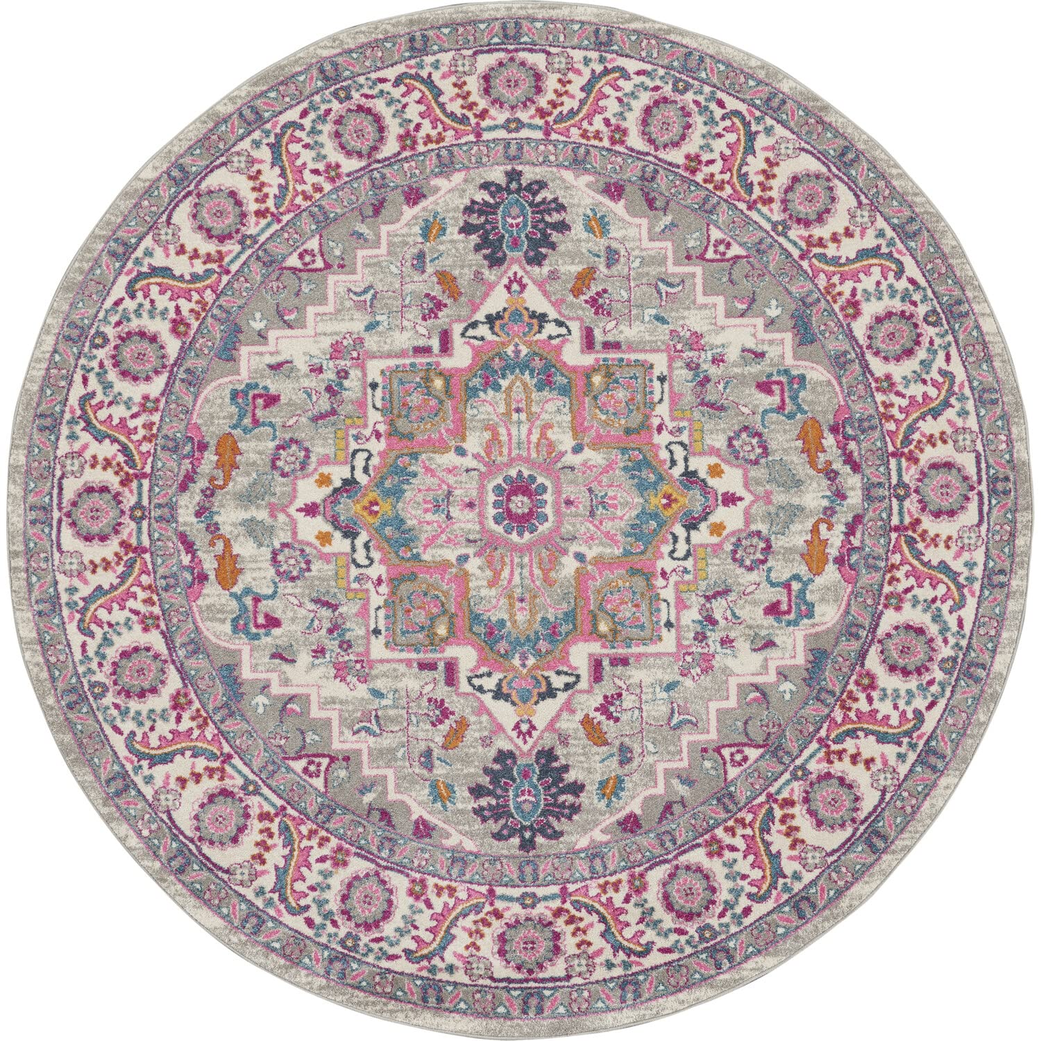 Nourison Passion Bohemian Light Grey/Pink 8 x Round Area -Rug, Easy -Cleaning, Non Shedding, Bed Room, Living Room, Dining Room