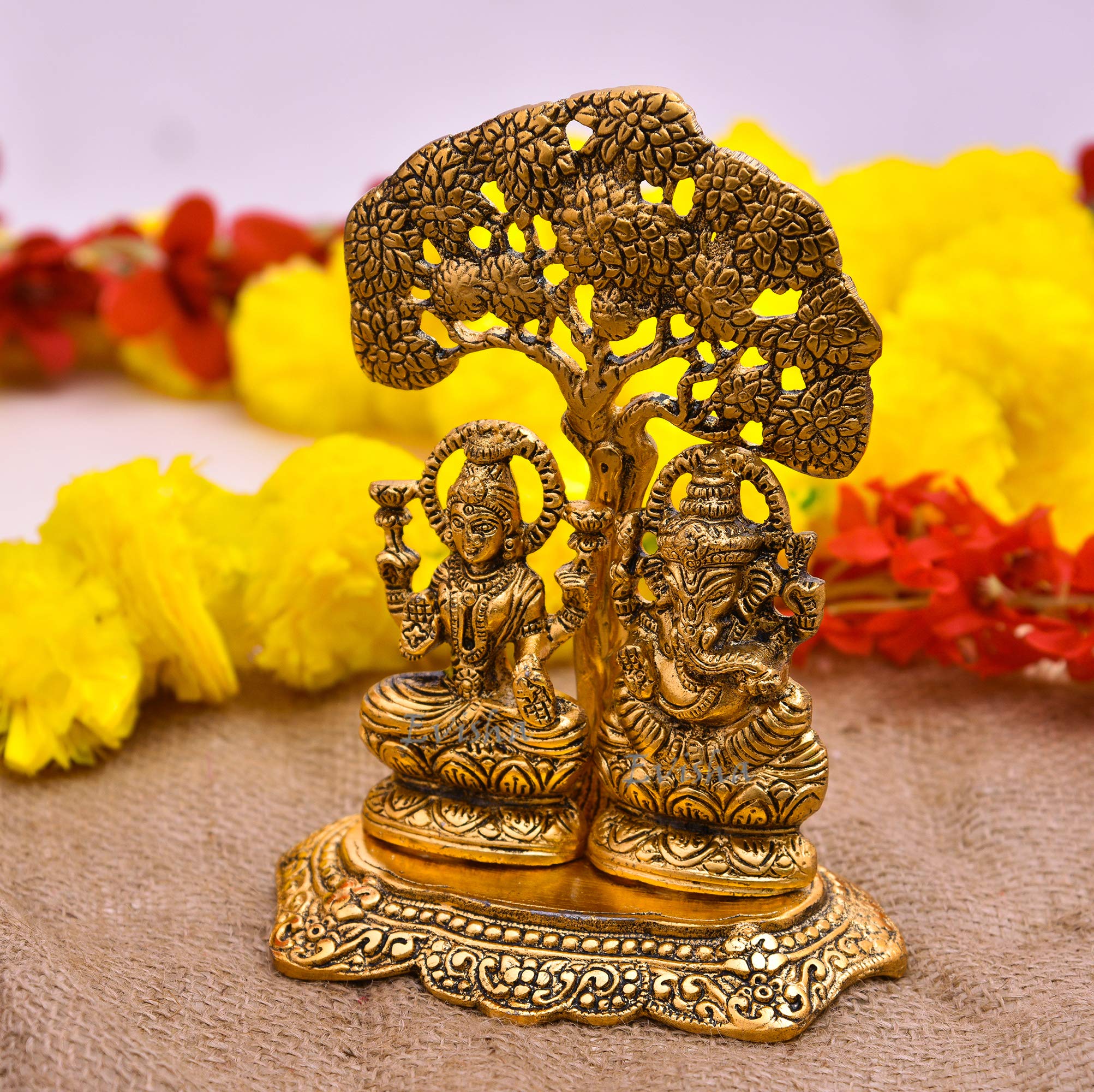Evisha Lord Ganesh | Ganesha And Lakshmi | Laxmi Under Tree Golden Brass Statue Antique Finish Ganpati Lakshmi Indian Hindu Temp