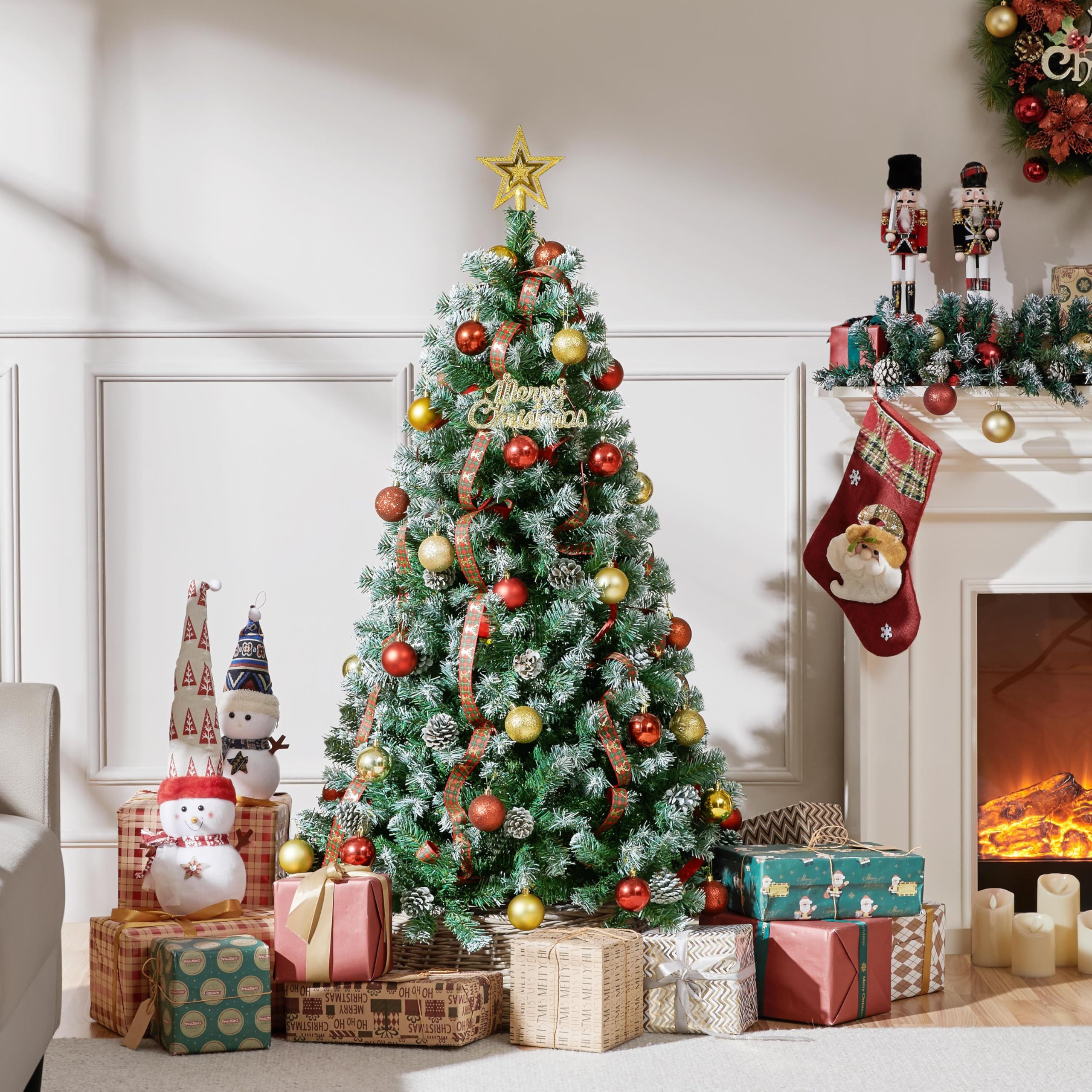 Yaheetech 4.5ft Artificial Christmas Tree, Snow Flocked Christmas Tree w/35 Pinecones, 412 Frosted Tips, Pre-Decorated Tree for