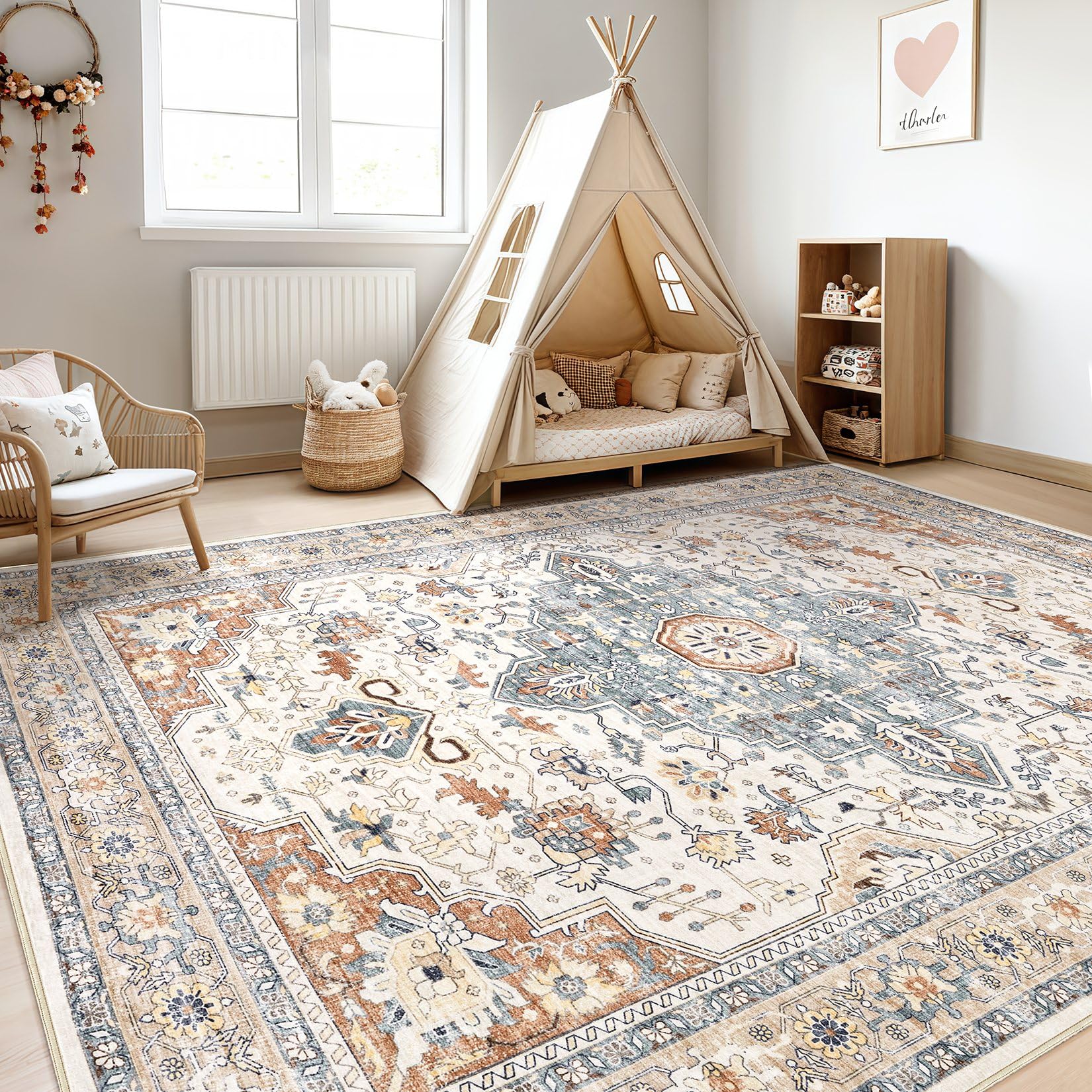 8x10 Area Rugs Living Room: Washable Boho Large Neutral Vintage Soft Rug Stain Resistant Distressed Farmhouse Non-Slip Indoor Fl