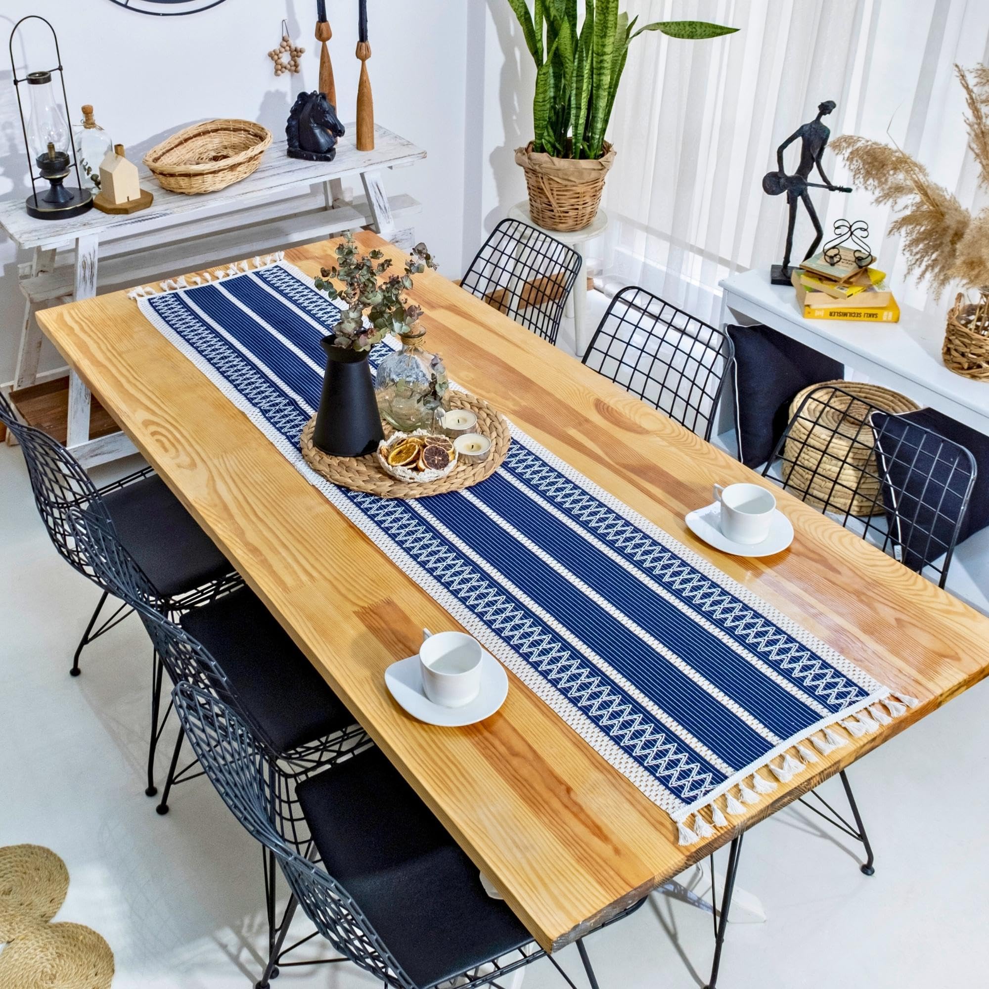 Boho Blue Table Runner 60 Inches Long, Farmhouse Rustic Table Runner Cream & Blue Macrame Table Runner With Tassel - Fall Decora