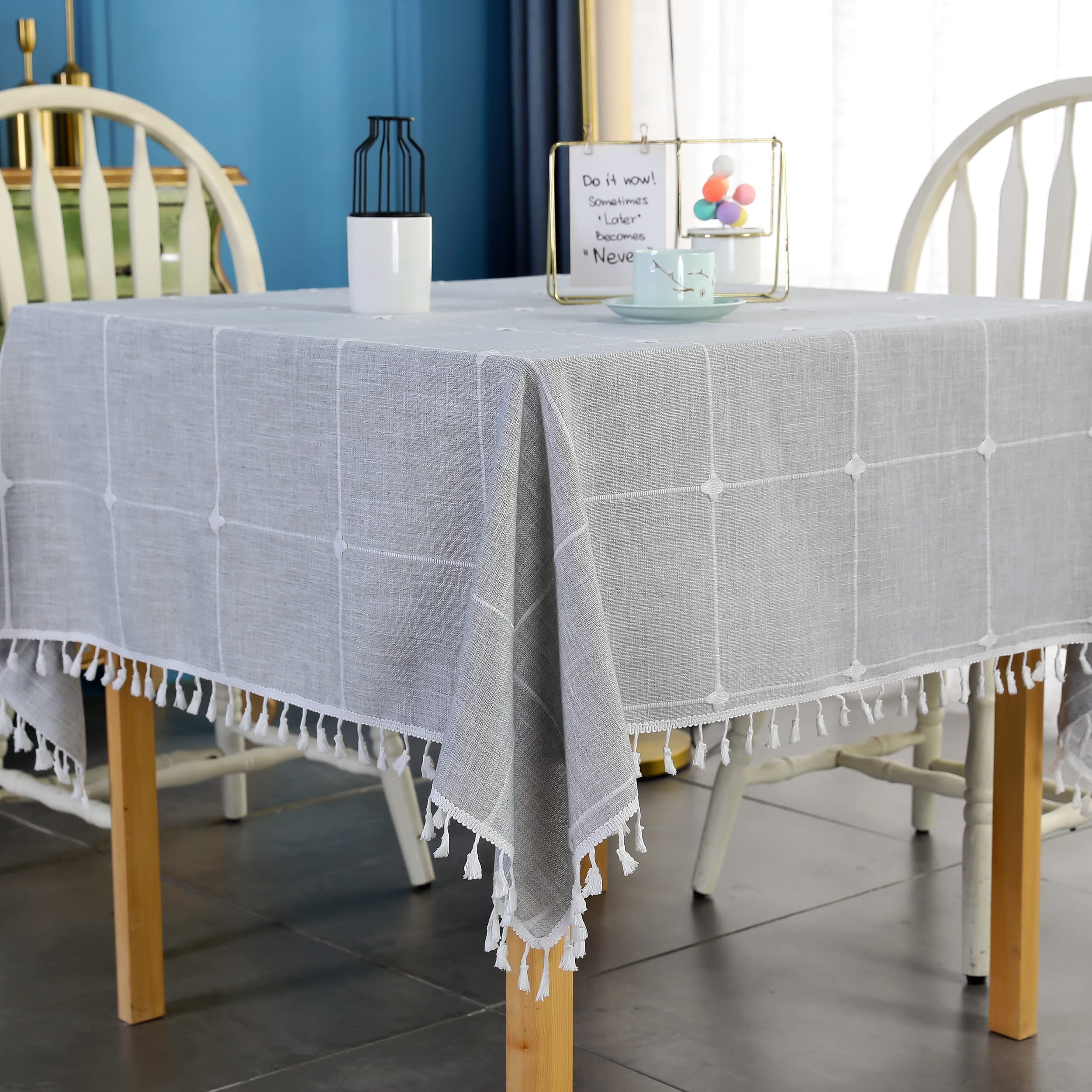 Grey Embroidery Lattice Square Tablecloth With Tassel Heavy Duty Rustic Fabric Table Cover Wrinkle Resistant Washable Kitchen Di