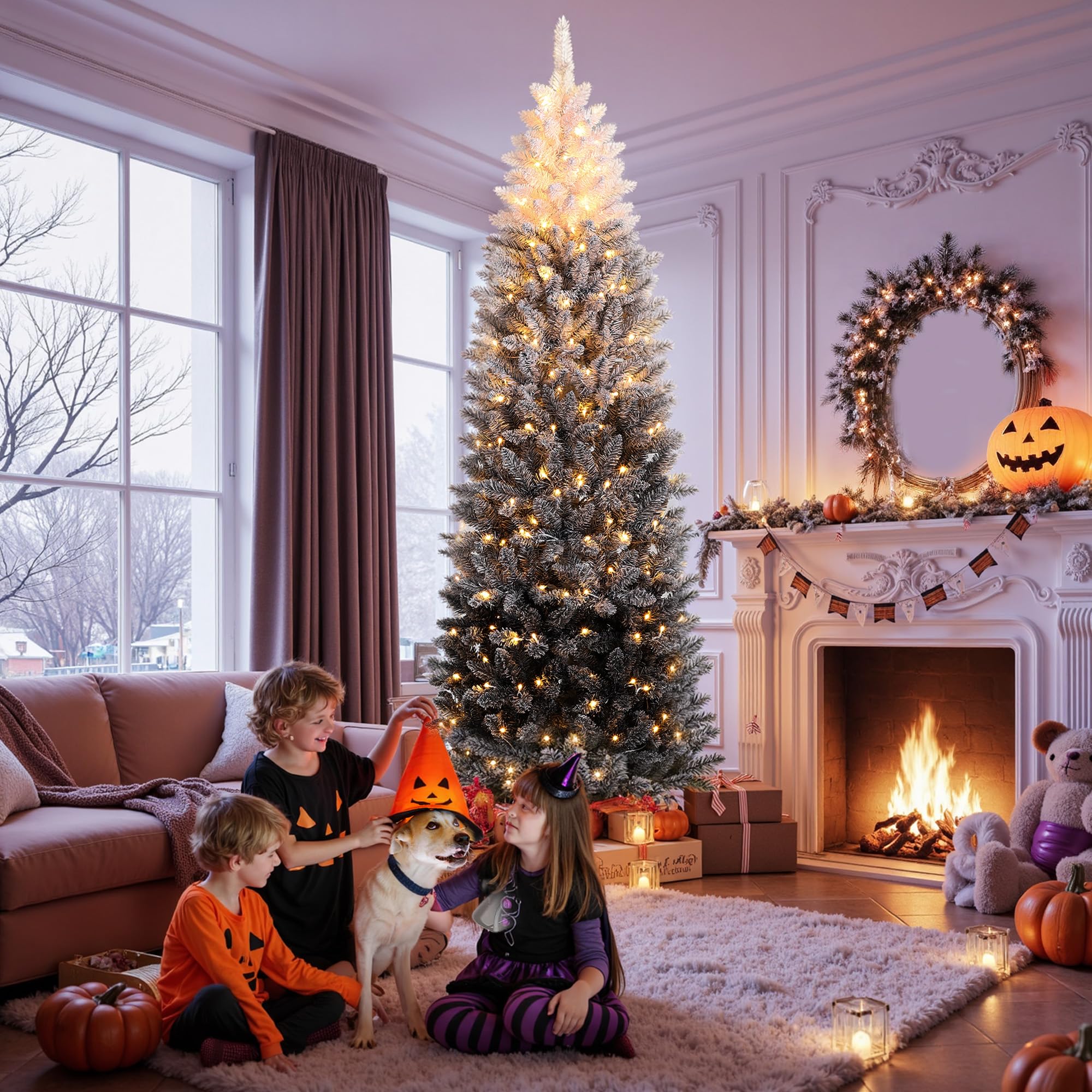 Garvee 7.5 ft Snow Flocked Pencil Christmas Tree, Slim Artificial Christmas Tree with Sturdy Metal Stand, Skinny Xmas Tree Holid