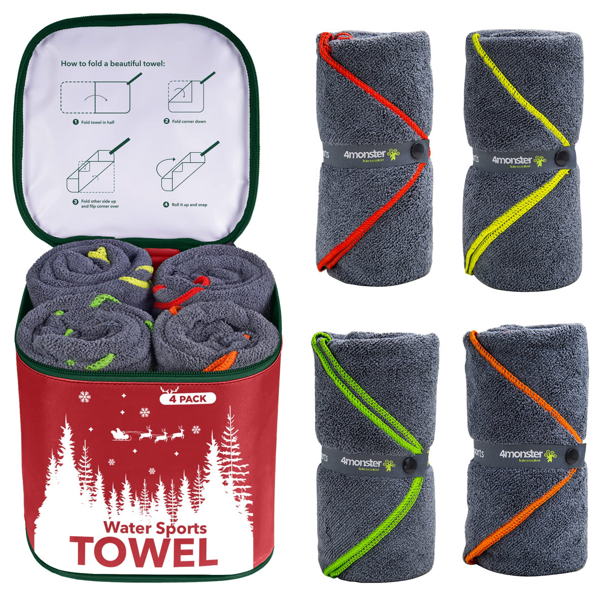 4Monster 4 Pack Microfiber Camping Towel Quick Dry, Super Absorbent Travel Towel With Waterproof Bag, Lightweight Boat Towel For