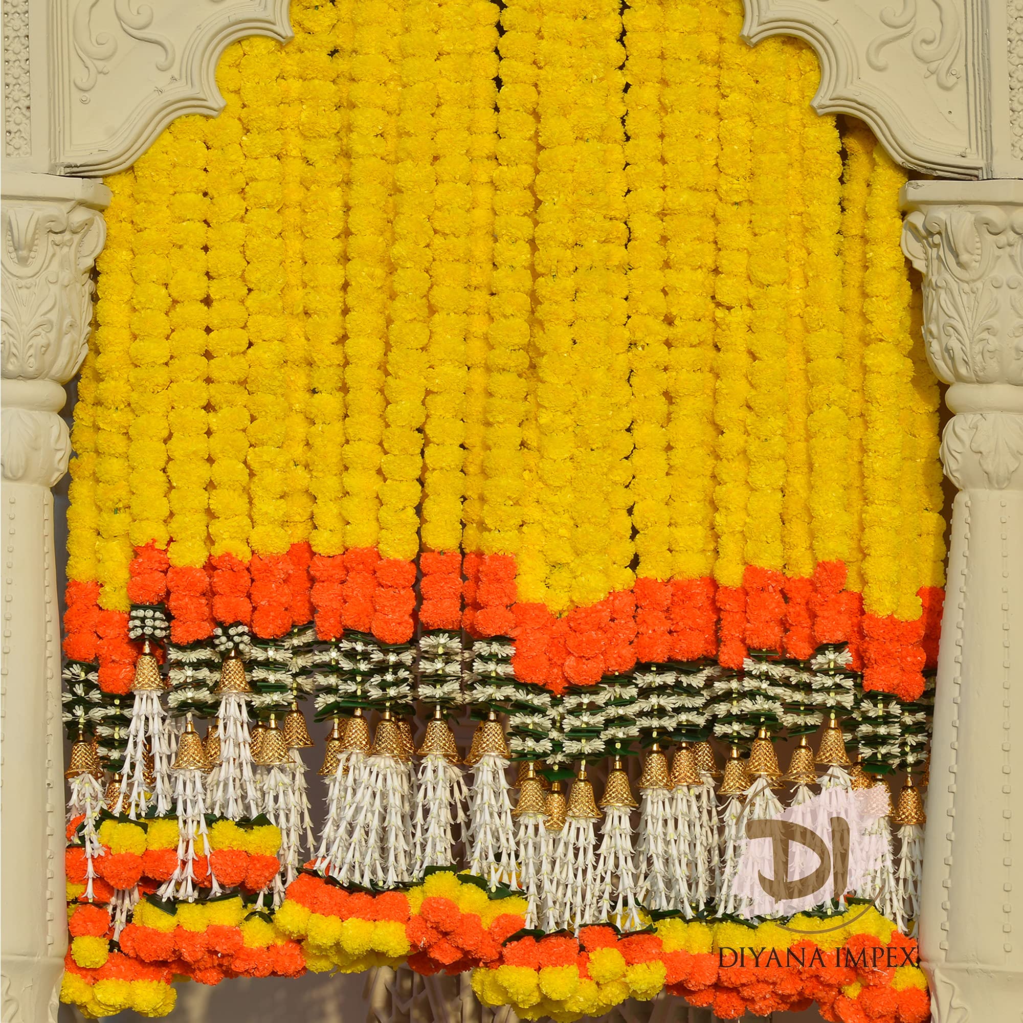 DIYANA IMPEX Marigold Garland for Decoration 5 Feet Long Artificial Marigold Flowers 2 Pc, Christmas Decorations Indian D  cor f