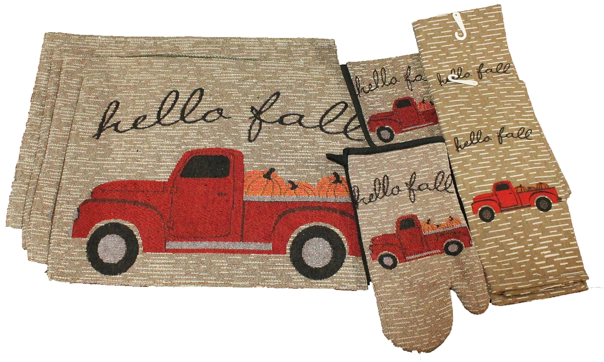 8 Pc Vintage Truck Fall Kitchen Decor Set - Hello Fall - Matching Fall Placemats, Kitchen Towels, Pot Holder, And Oven Mitt - Co